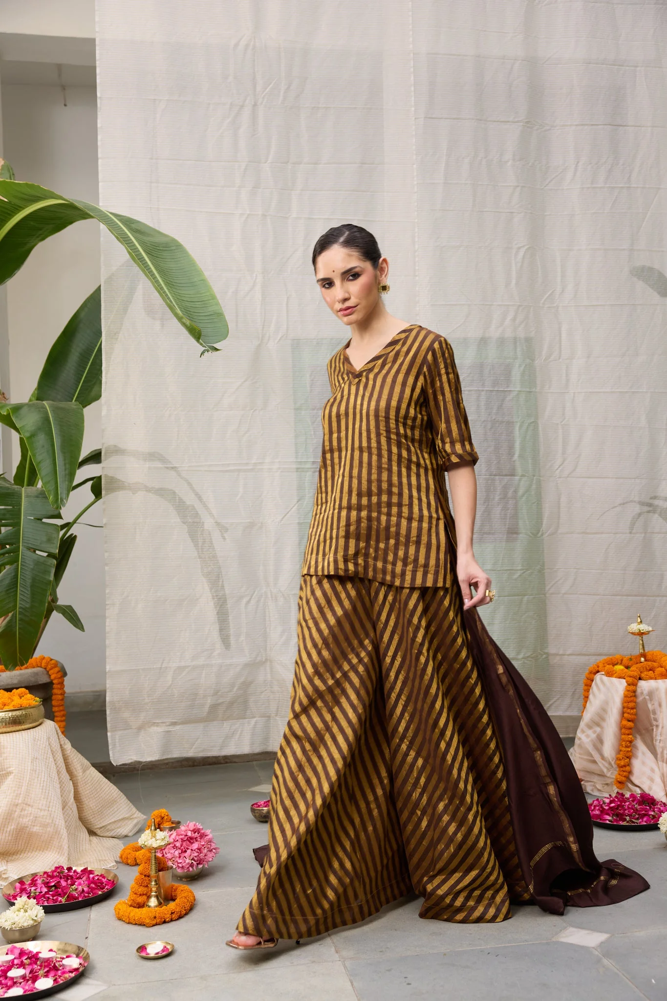 Amala Flared Pants - Brown and Gold