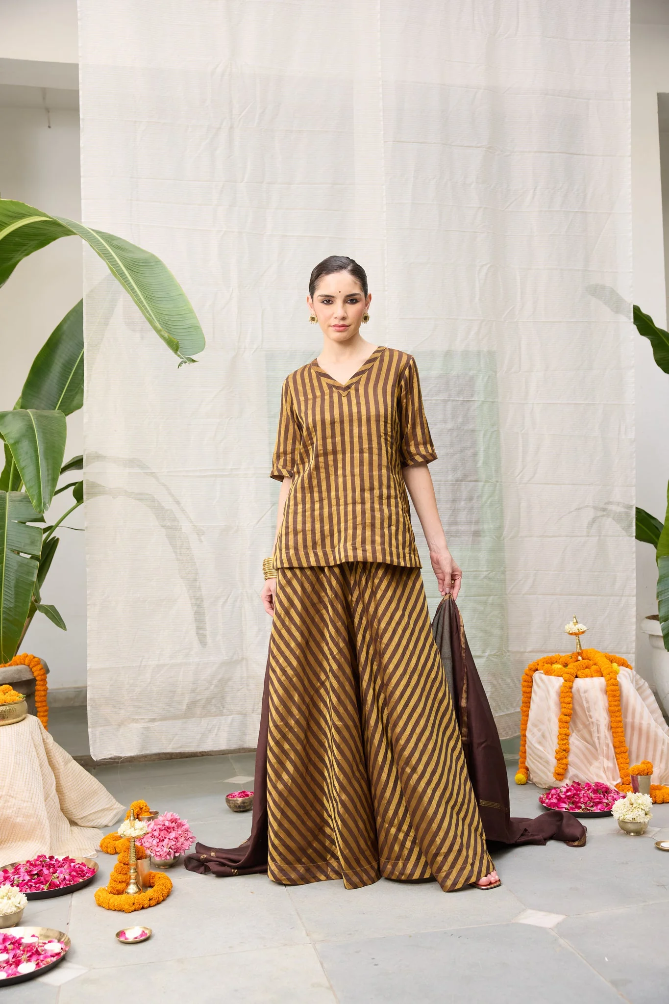 Amala Flared Pants - Brown and Gold - Image 3