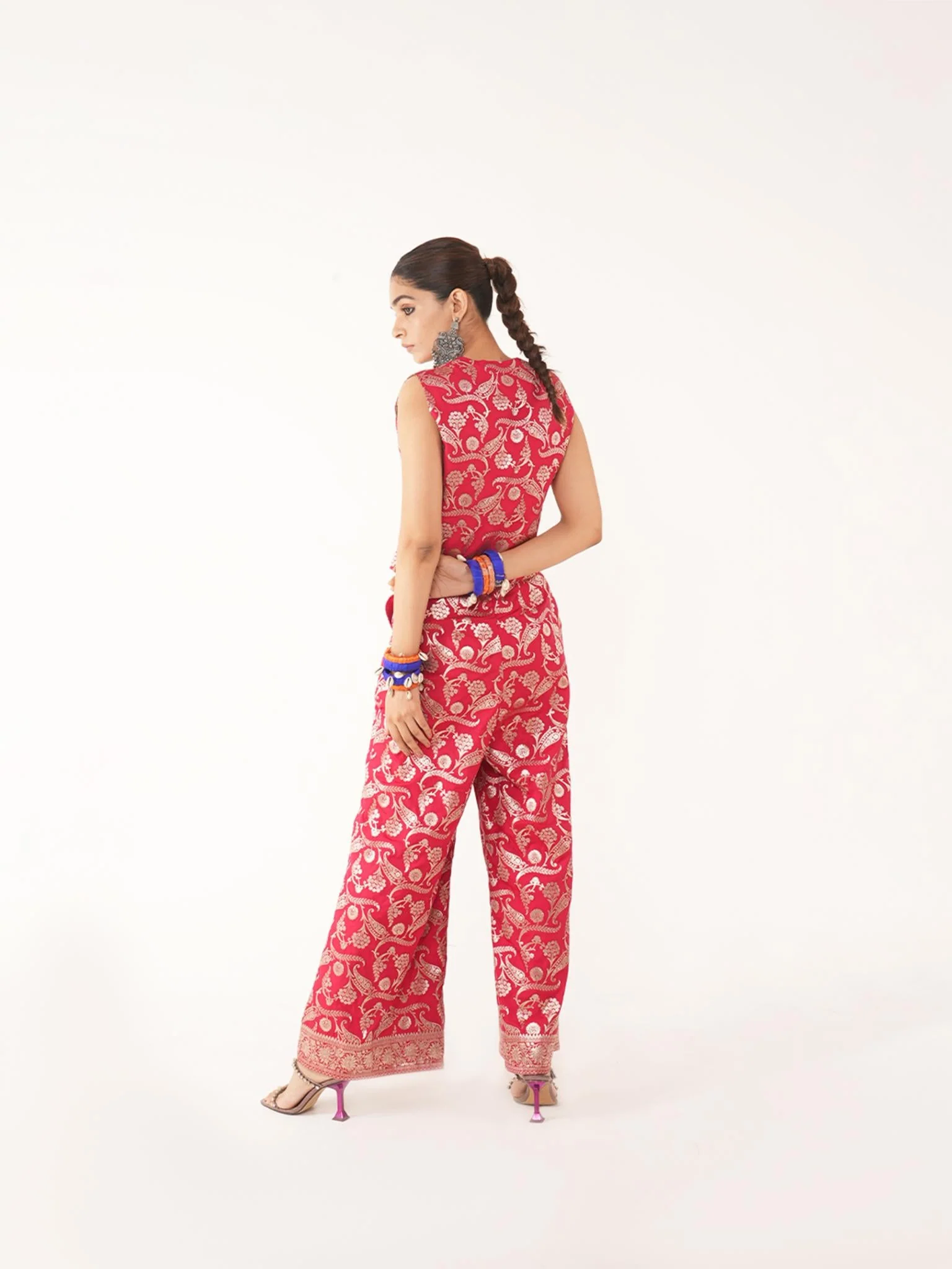 Amyra Red Silk Waist Coat And Pant Set - Image 6