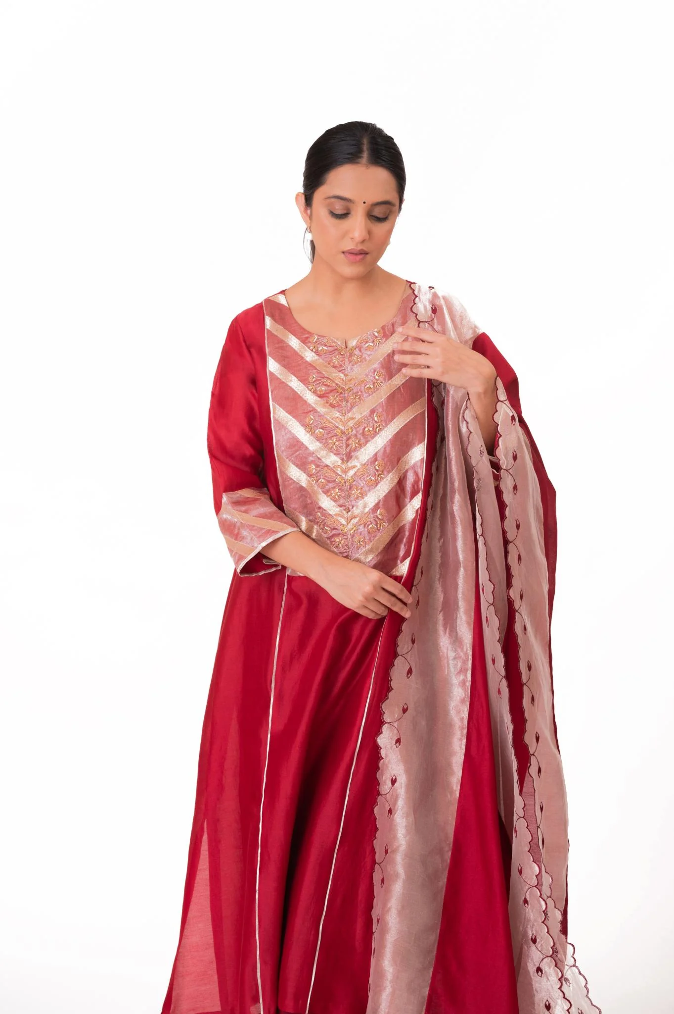 Banarasi Yoke Kurta Set - Crimson Red - Image 2
