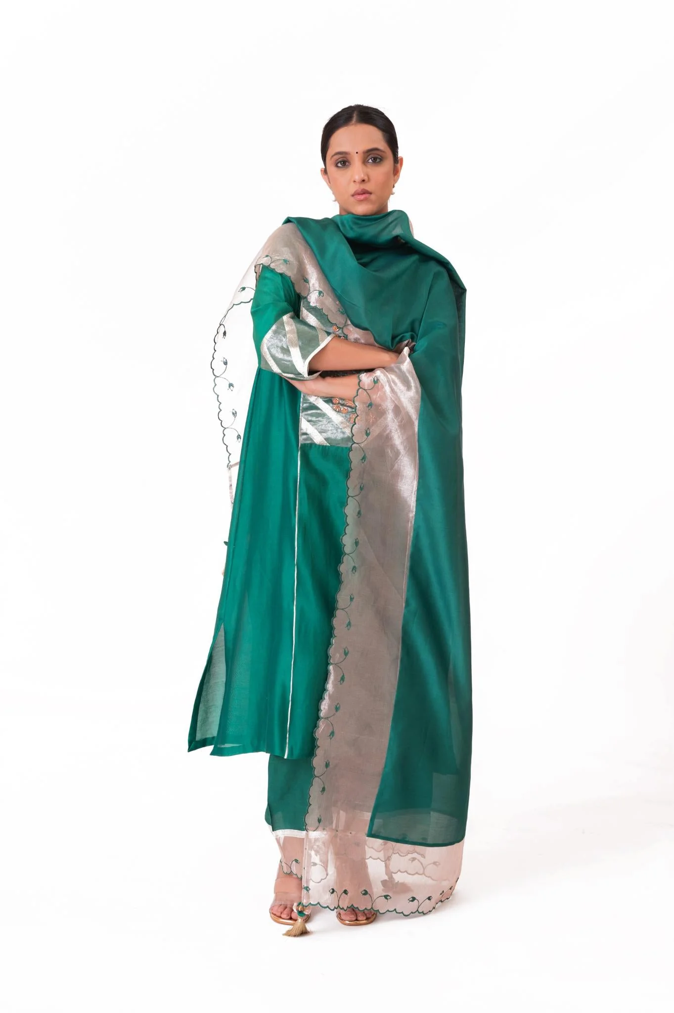 Banarasi Yoke Kurta Set - Emerald Green - Image 2