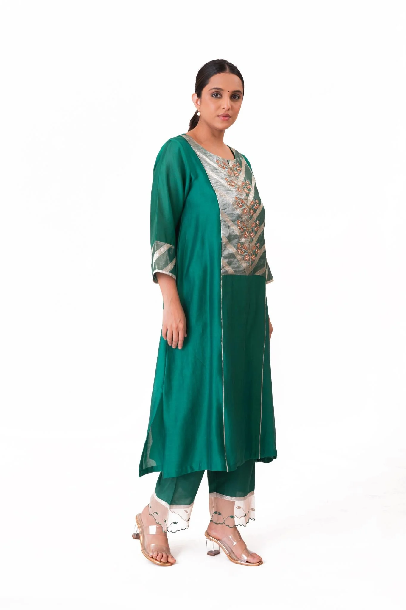 Banarasi Yoke Kurta Set - Emerald Green - Image 6