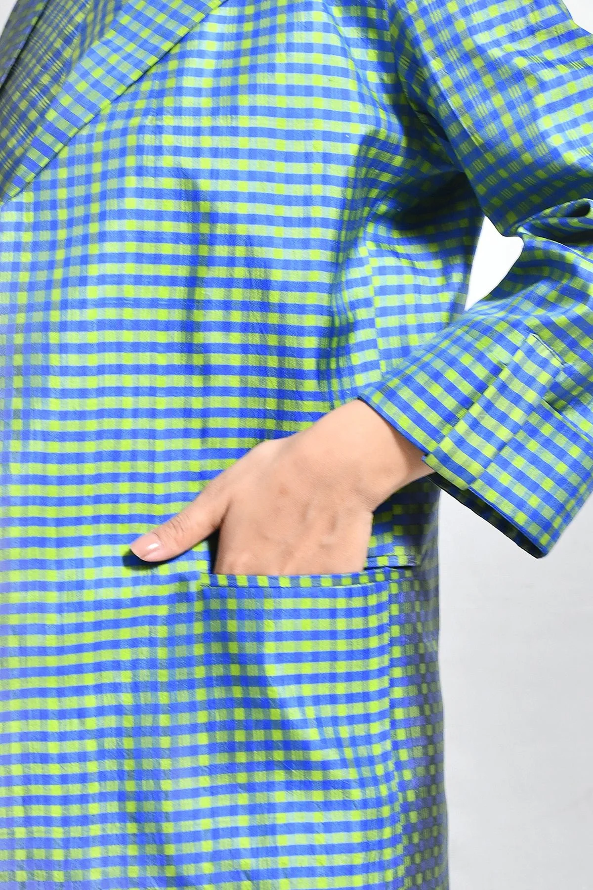 Bangalore Silk Checks Co-ord (Set of 2) - Blue and Olive - Image 5