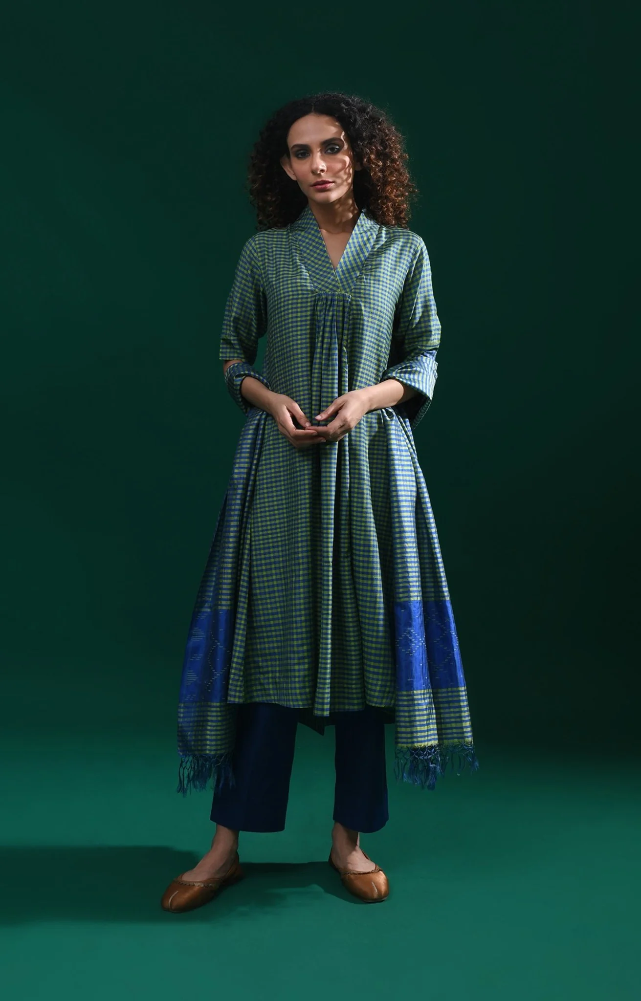 Bangalore Silk Plaid Co-ord Set with Silk Jamdani Dupatta (Set of 3)- Green & Blue