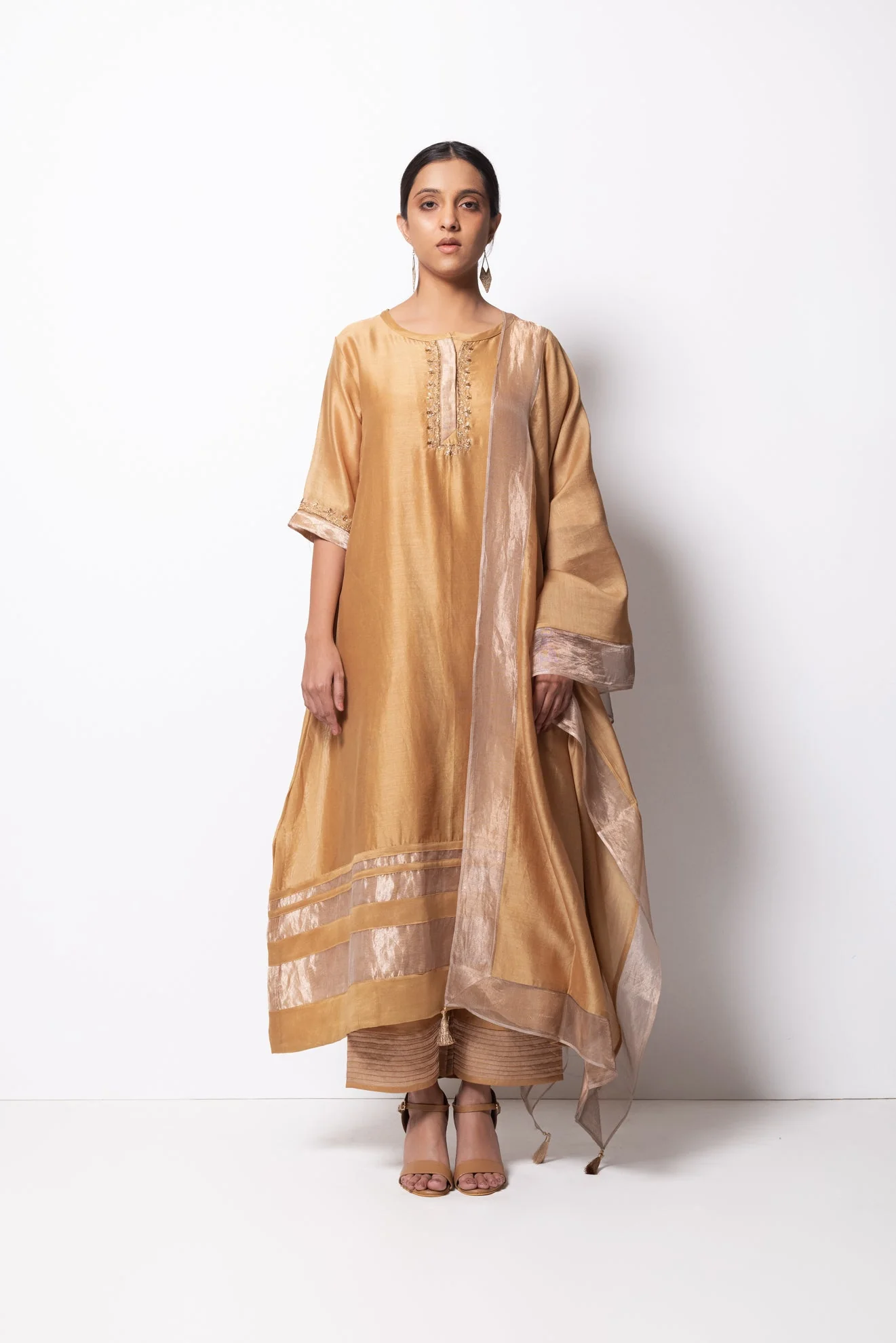 Beige Golden Chanderi Silk Kurta Set with Dupatta - Image 3