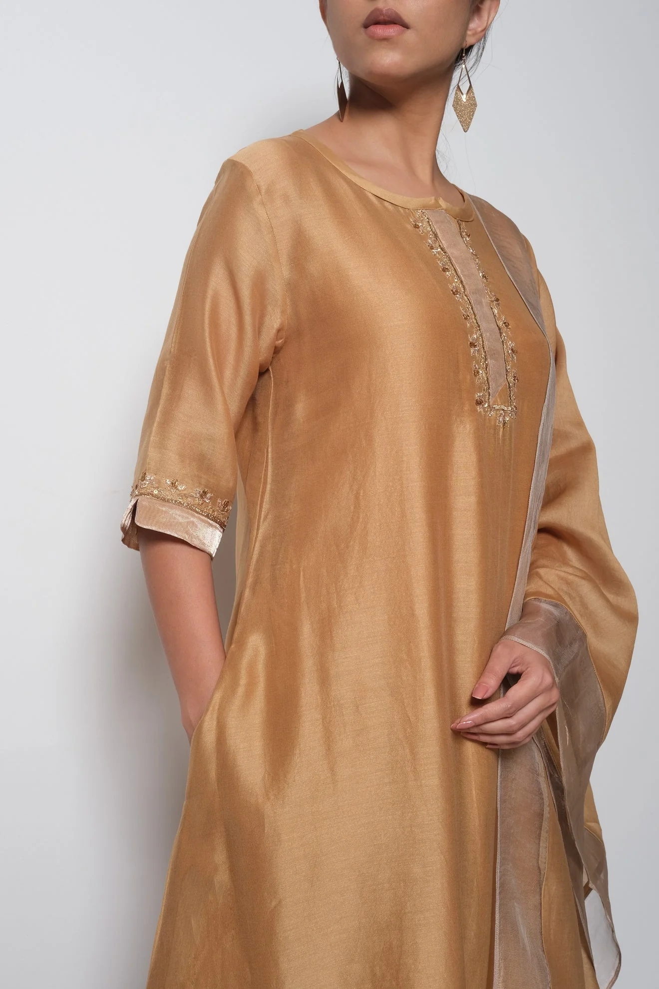 Beige Golden Chanderi Silk Kurta Set with Dupatta - Image 4