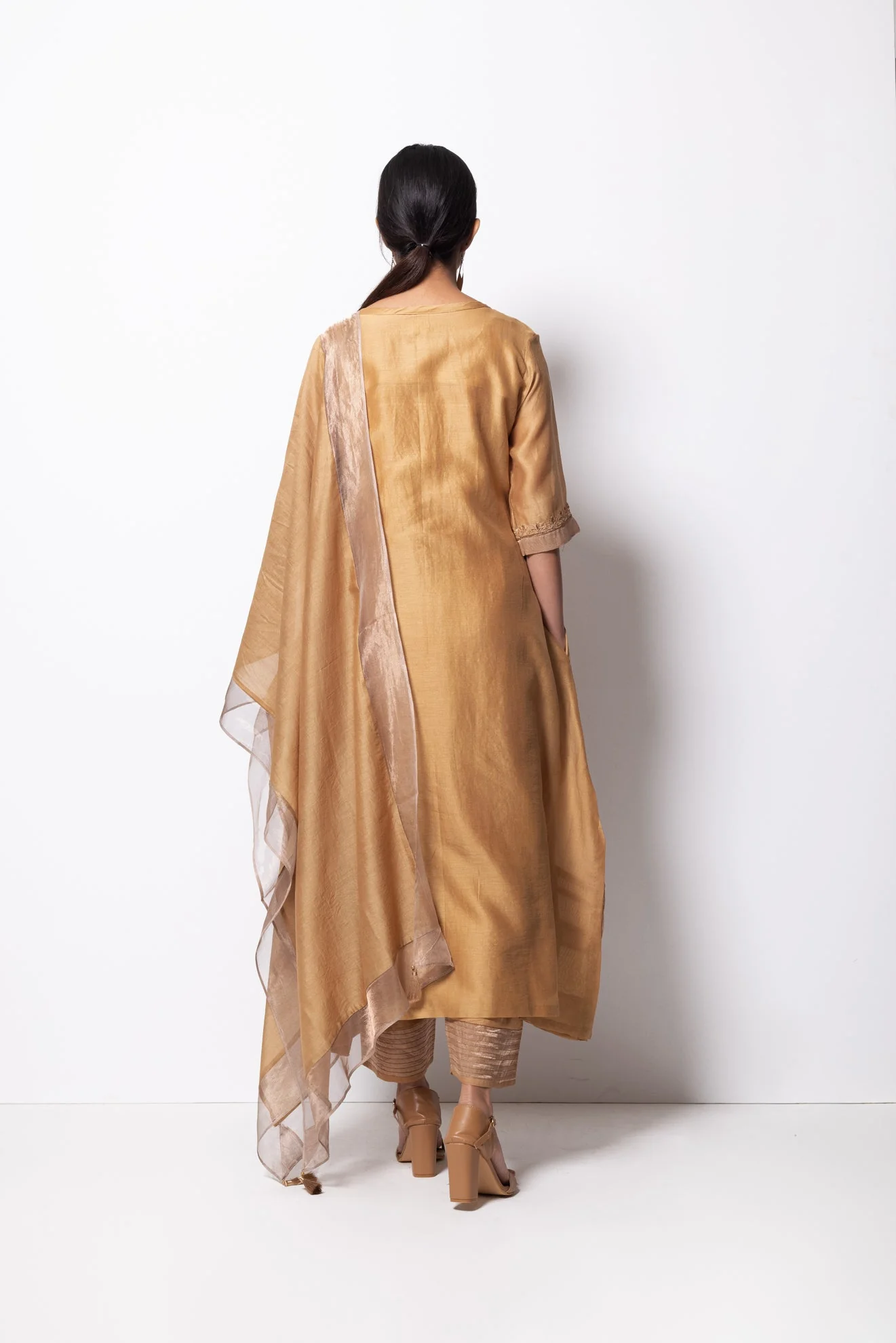 Beige Golden Chanderi Silk Kurta Set with Dupatta - Image 5