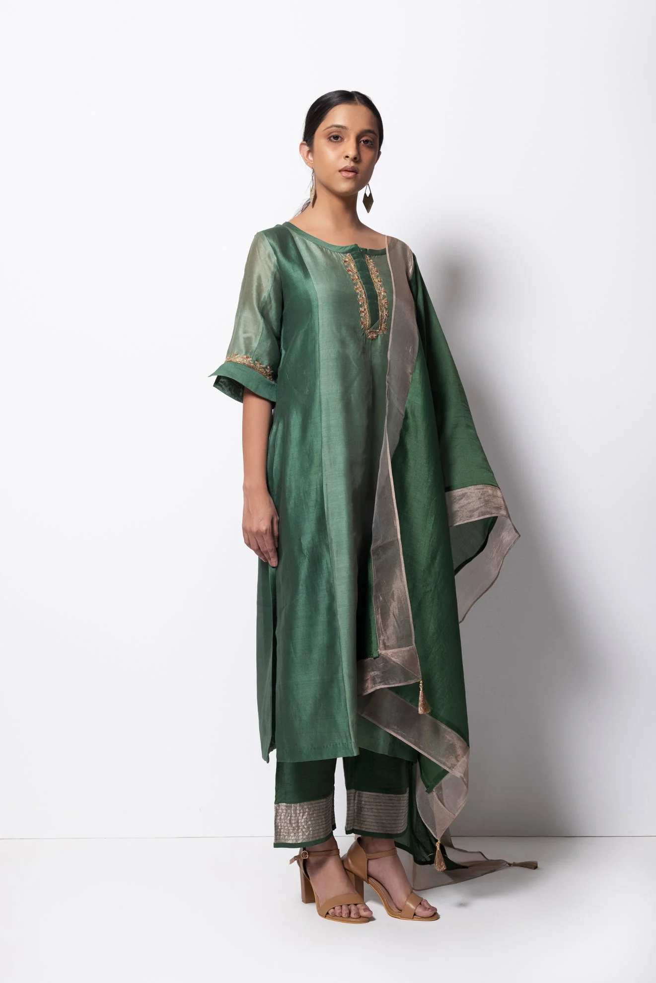 Beryl Green Chanderi Silk Panelled Kurta Set with Dupatta - Image 3