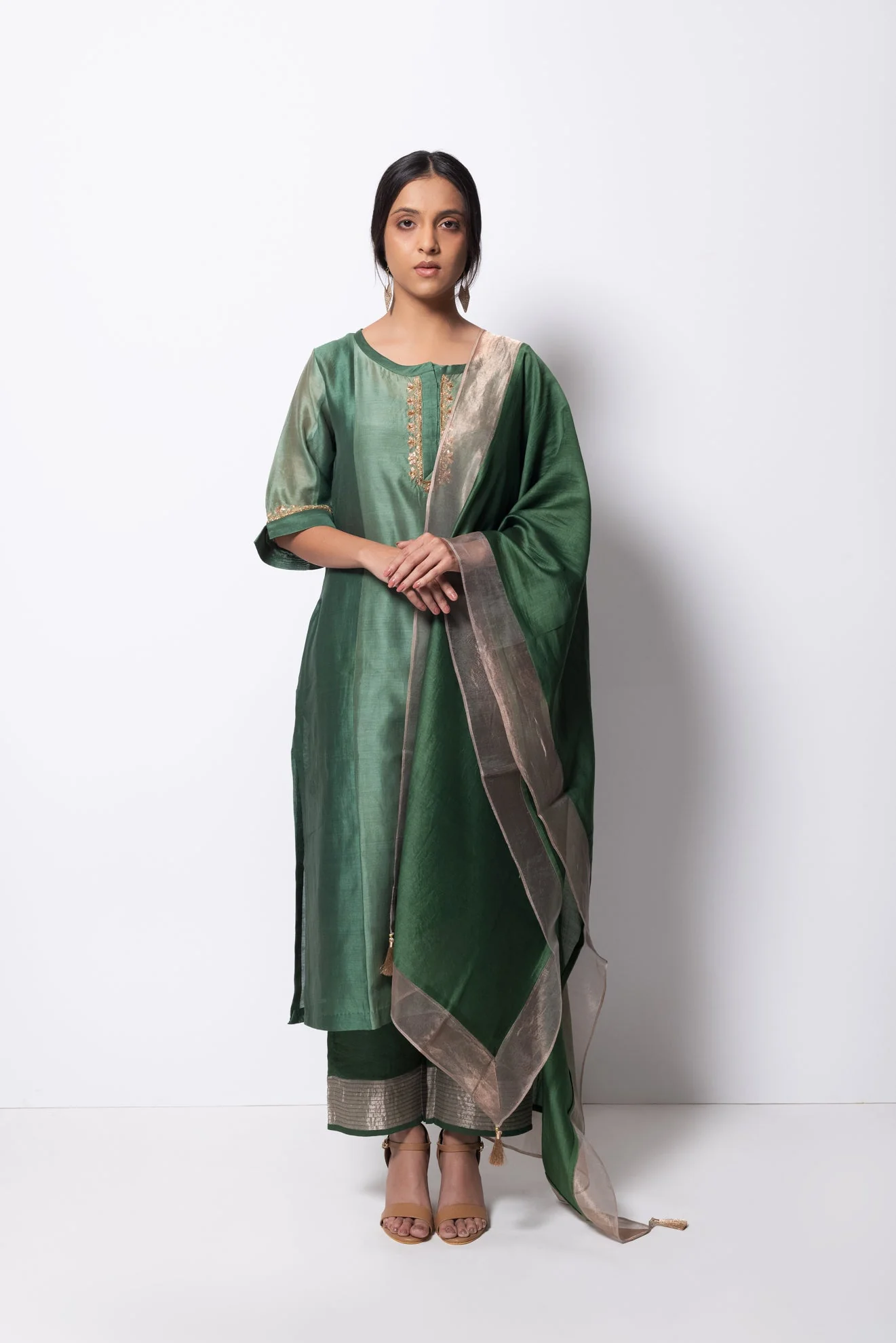 Beryl Green Chanderi Silk Panelled Kurta Set with Dupatta - Image 4