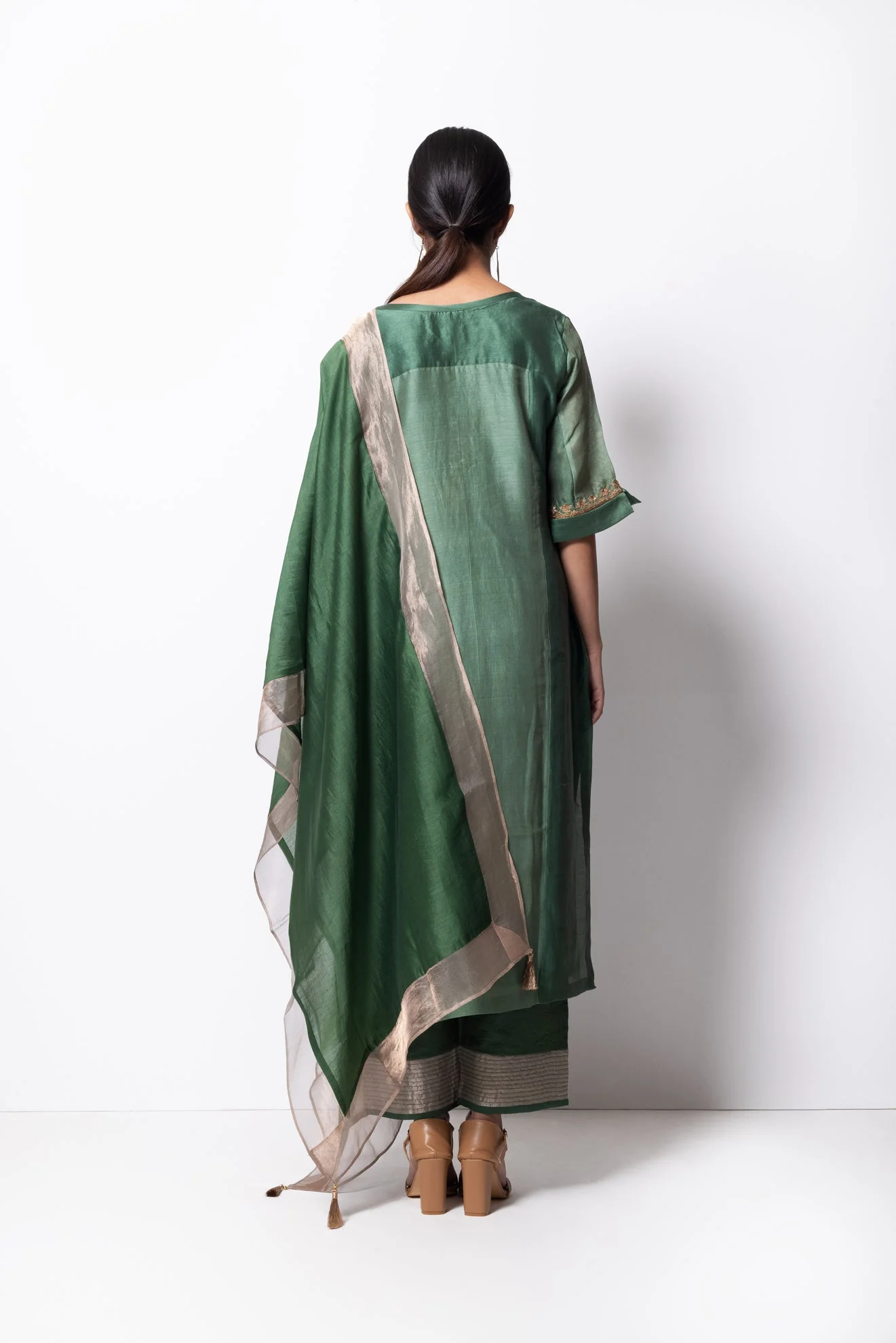 Beryl Green Chanderi Silk Panelled Kurta Set with Dupatta - Image 5