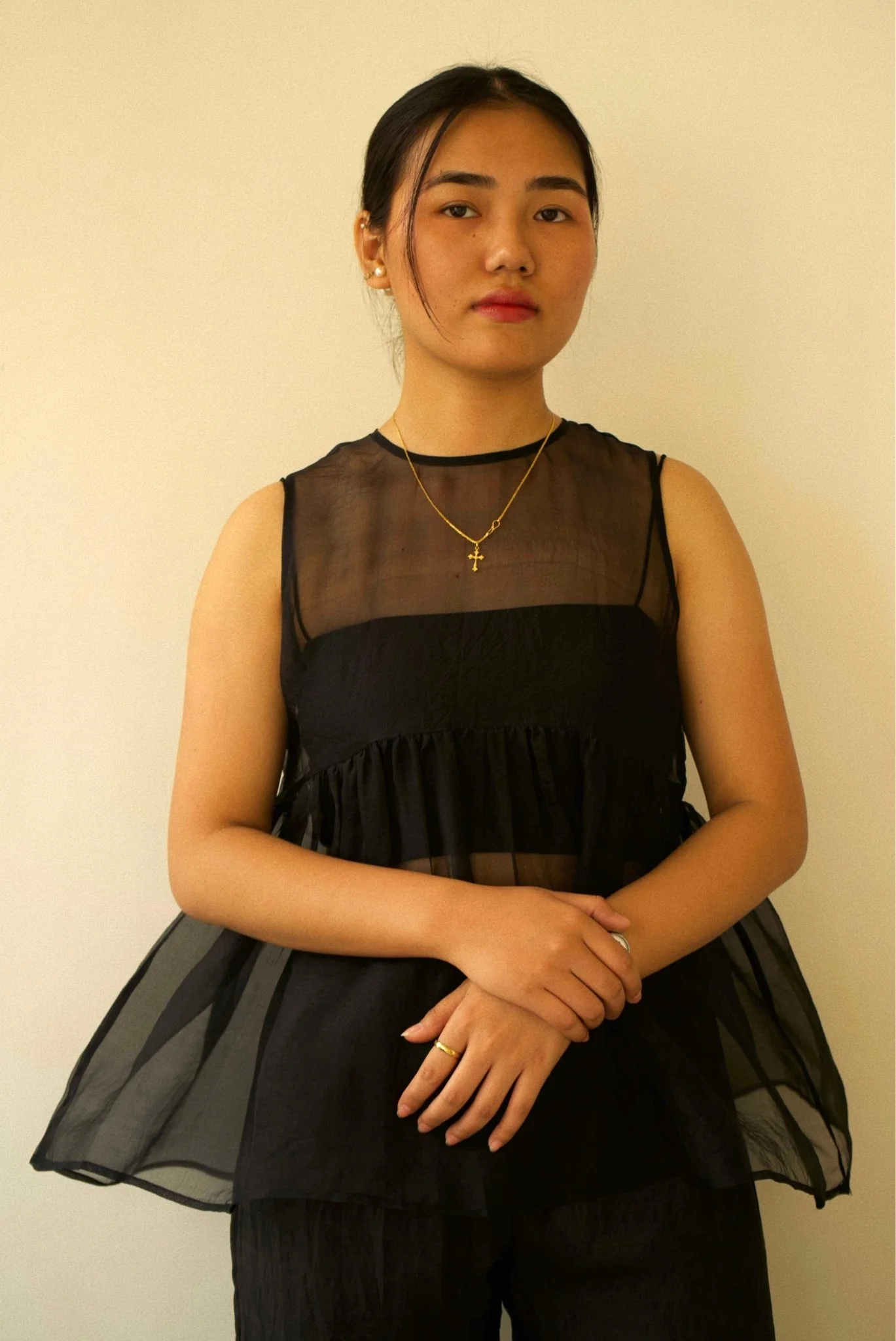 Black Organza Gathered Top