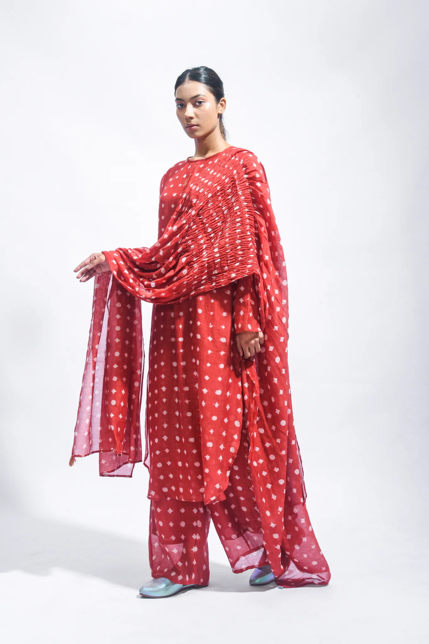 Block Printed Silk Kurta Set with Smocked Dupatta - Image 3