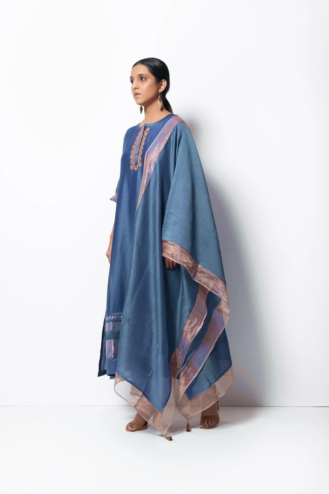 Blue Chanderi Silk Kurta Set with Dupatta - Image 3