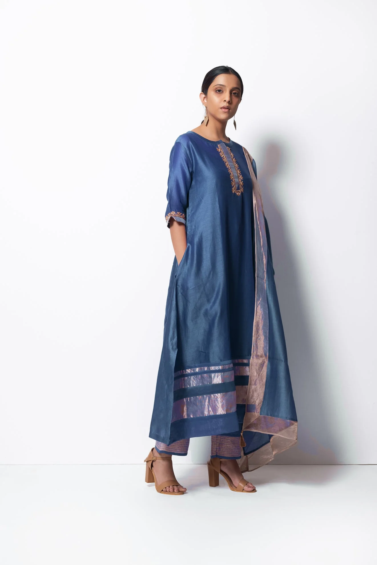 Blue Chanderi Silk Kurta Set with Dupatta - Image 4