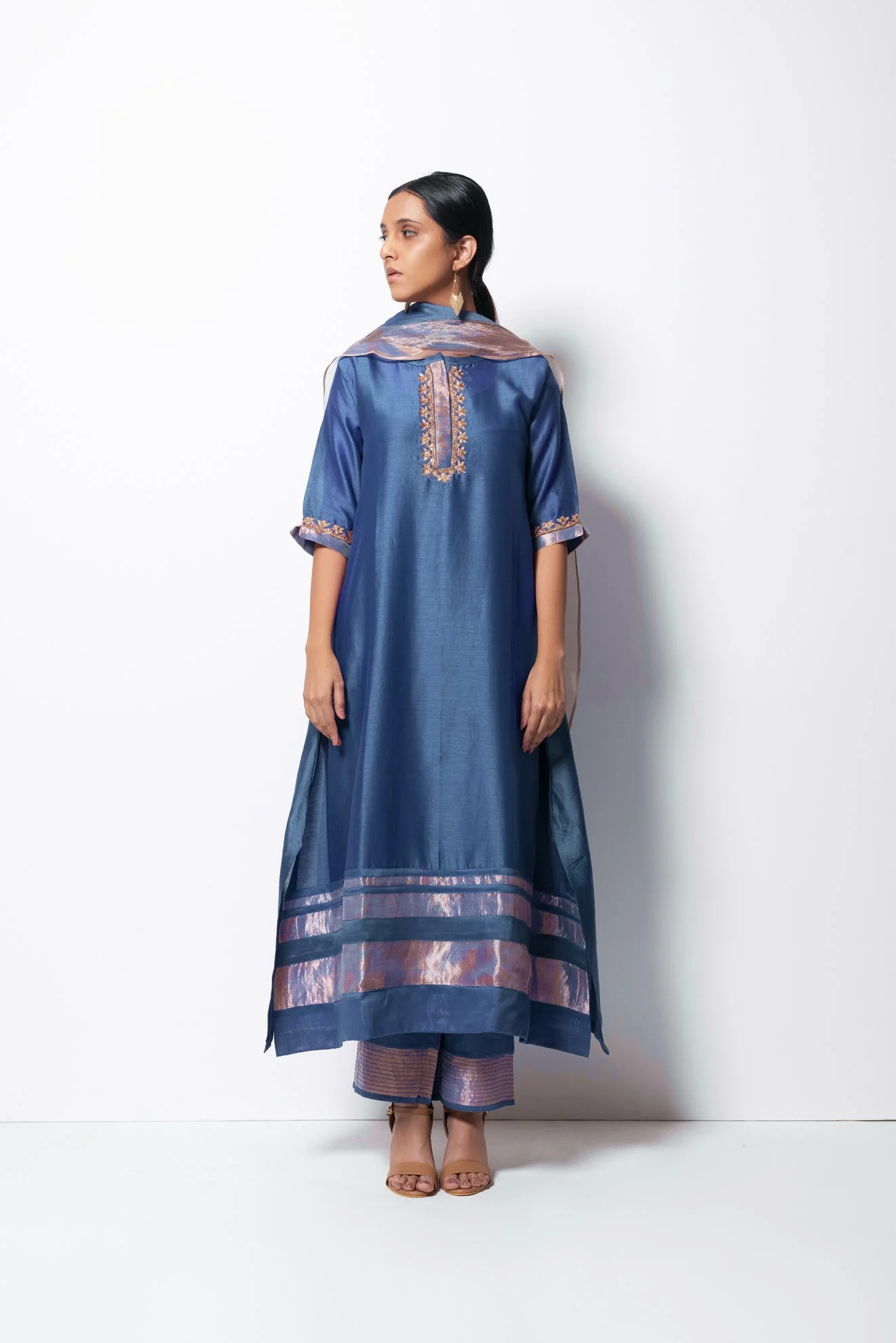 Blue Chanderi Silk Kurta Set with Dupatta - Image 5