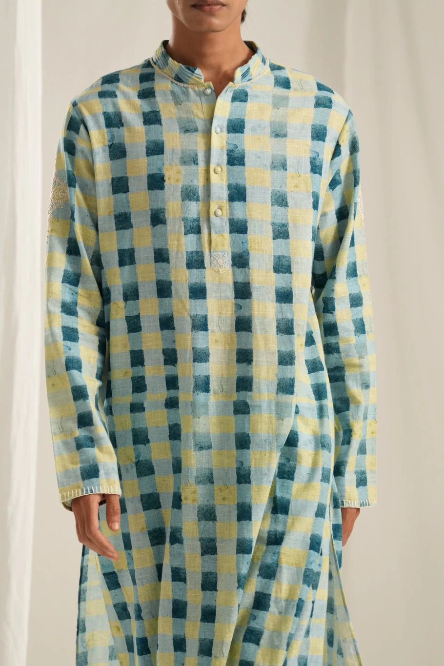 Blue Check Emb. Kurta Set - Image 2