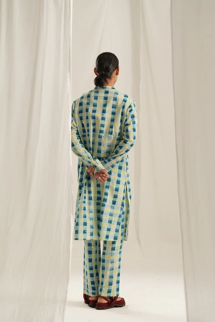Blue Check Emb. Kurta Set - Image 3