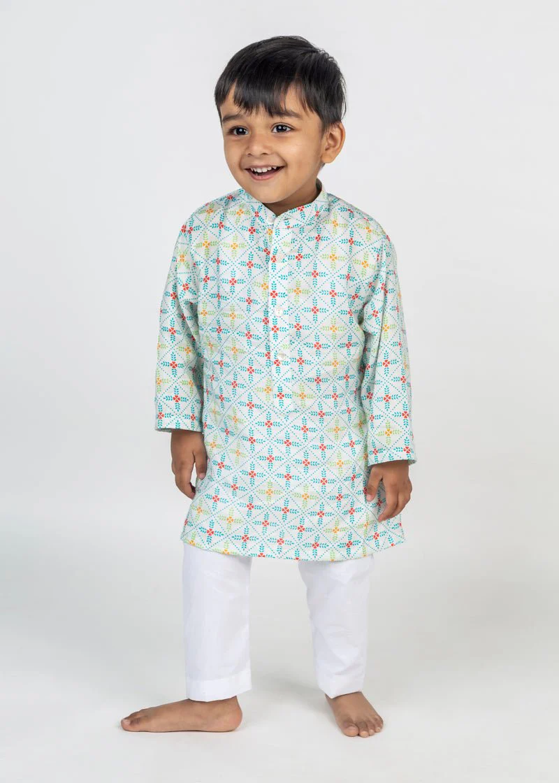 Blue Geometric Jaal Printed Kurta