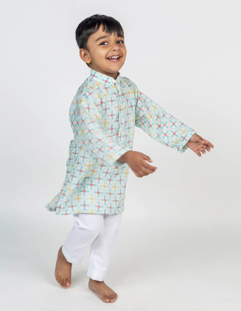 Blue Geometric Jaal Printed Kurta - Image 3