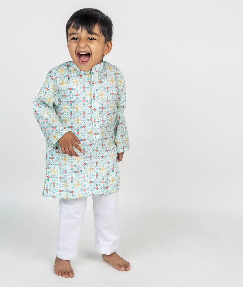 Blue Geometric Jaal Printed Kurta - Image 4