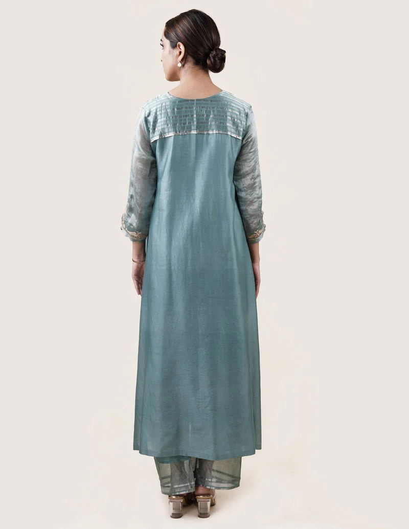 Blue Tissue Stripes/Chanderi Silk - A-line Kurta Set - Image 2
