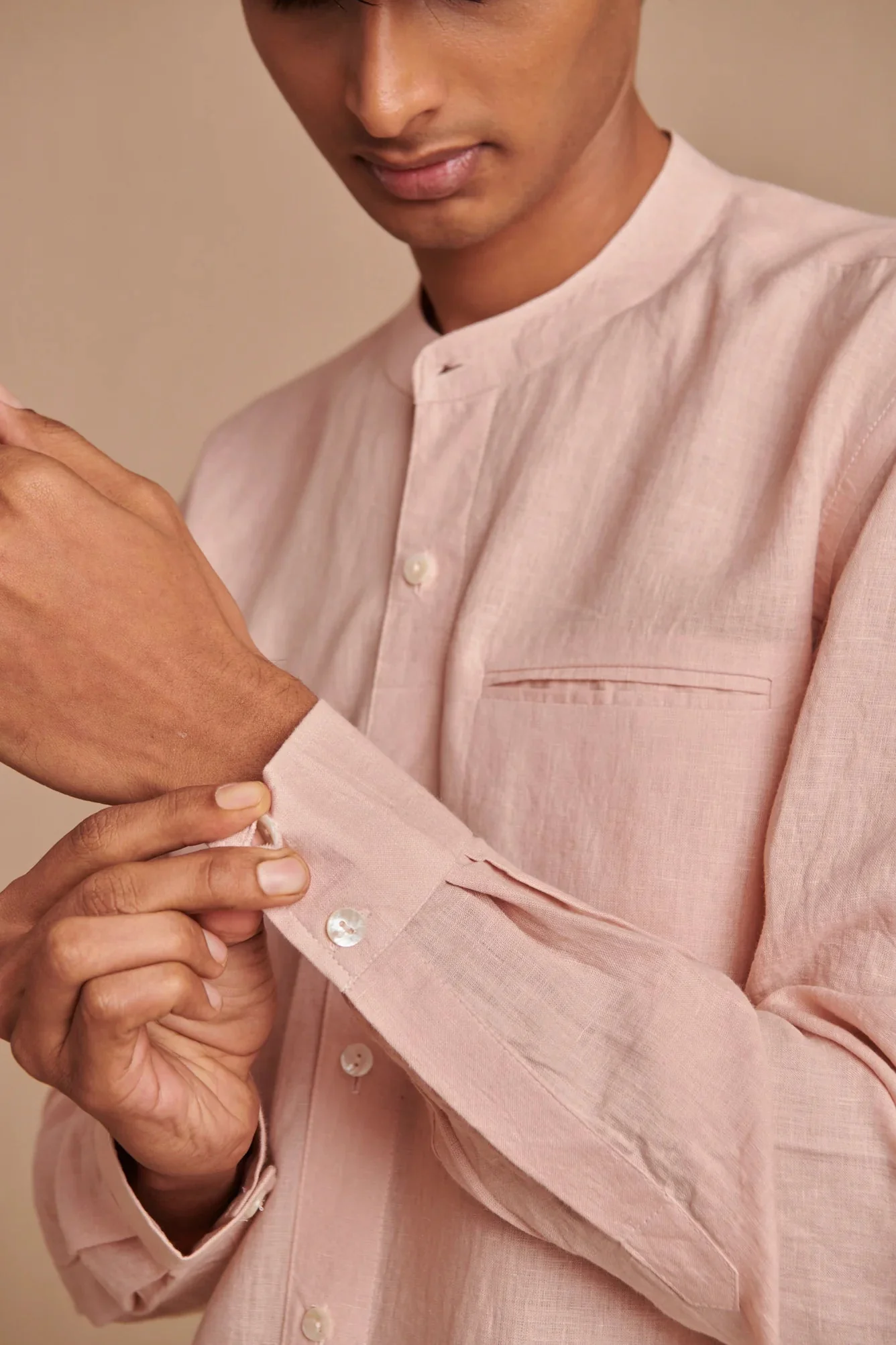 Blush Linen Men's Band Collar Shirt - Slim Fit - Image 4