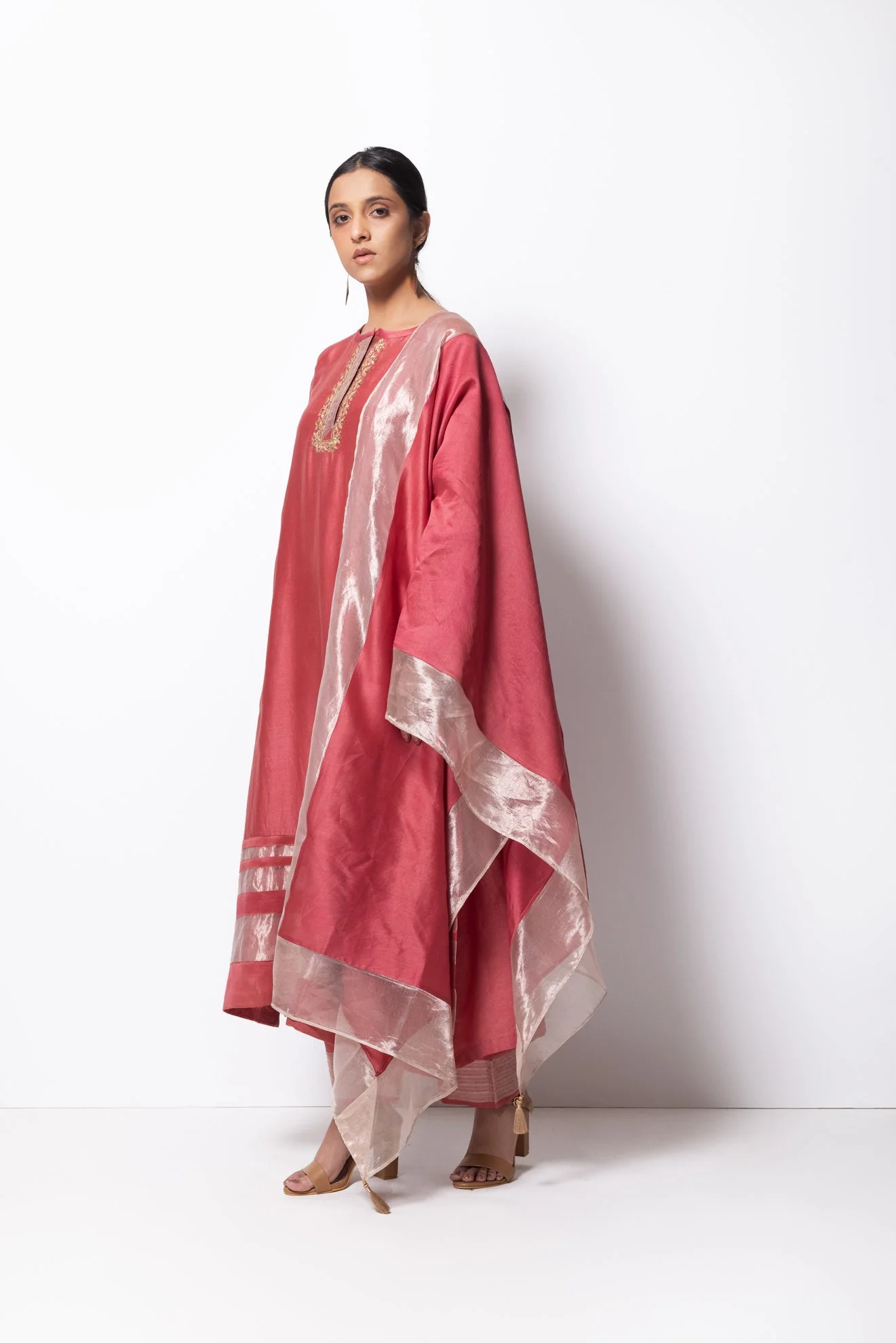 Brick Pink Chanderi Silk Kurta Set with Dupatta - Image 3