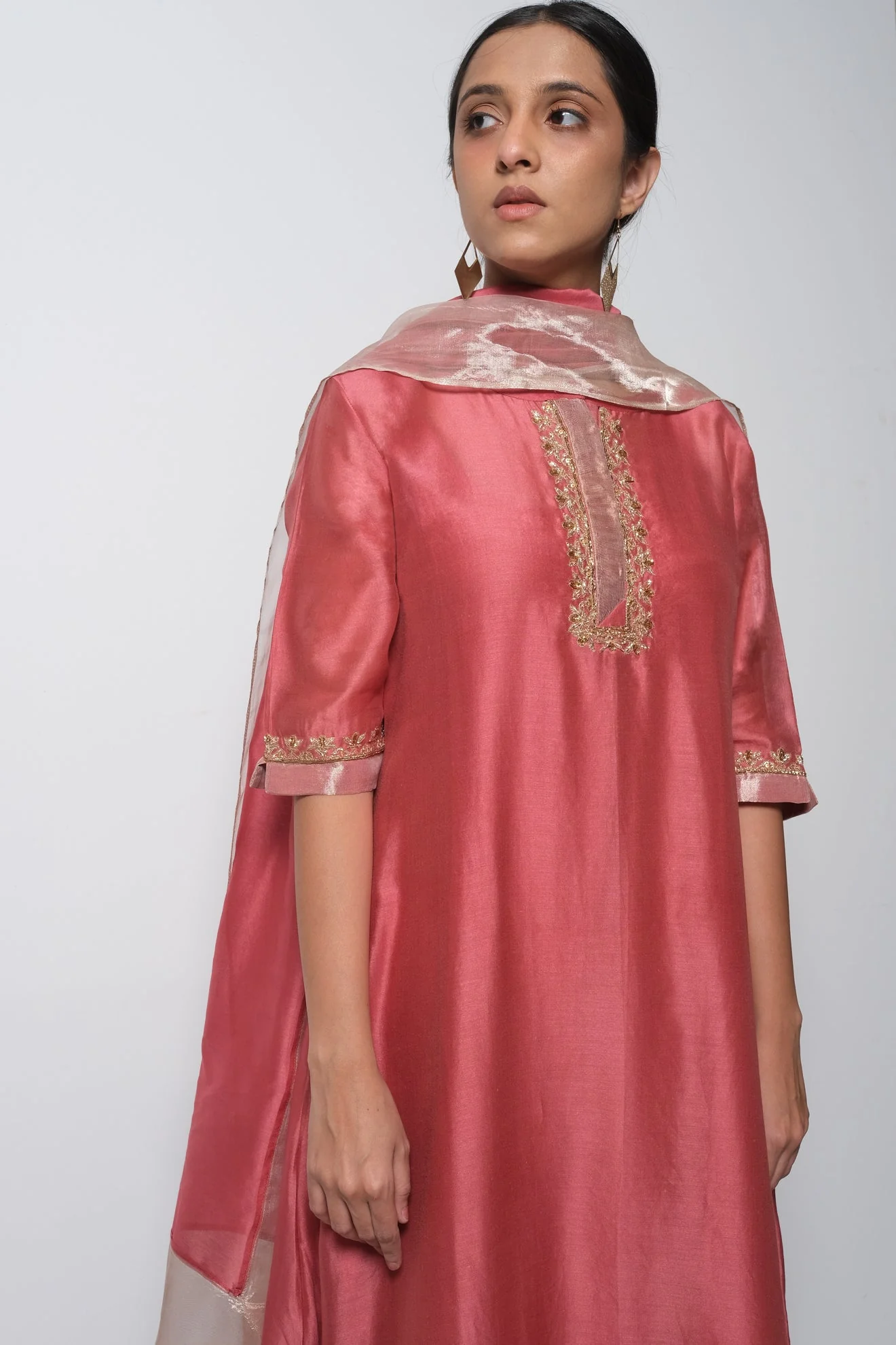 Brick Pink Chanderi Silk Kurta Set with Dupatta - Image 4