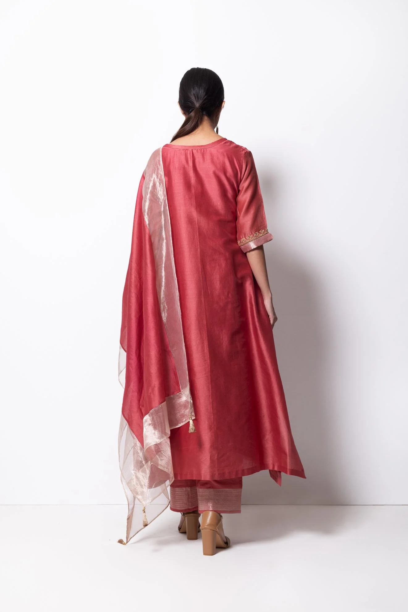 Brick Pink Chanderi Silk Kurta Set with Dupatta - Image 5