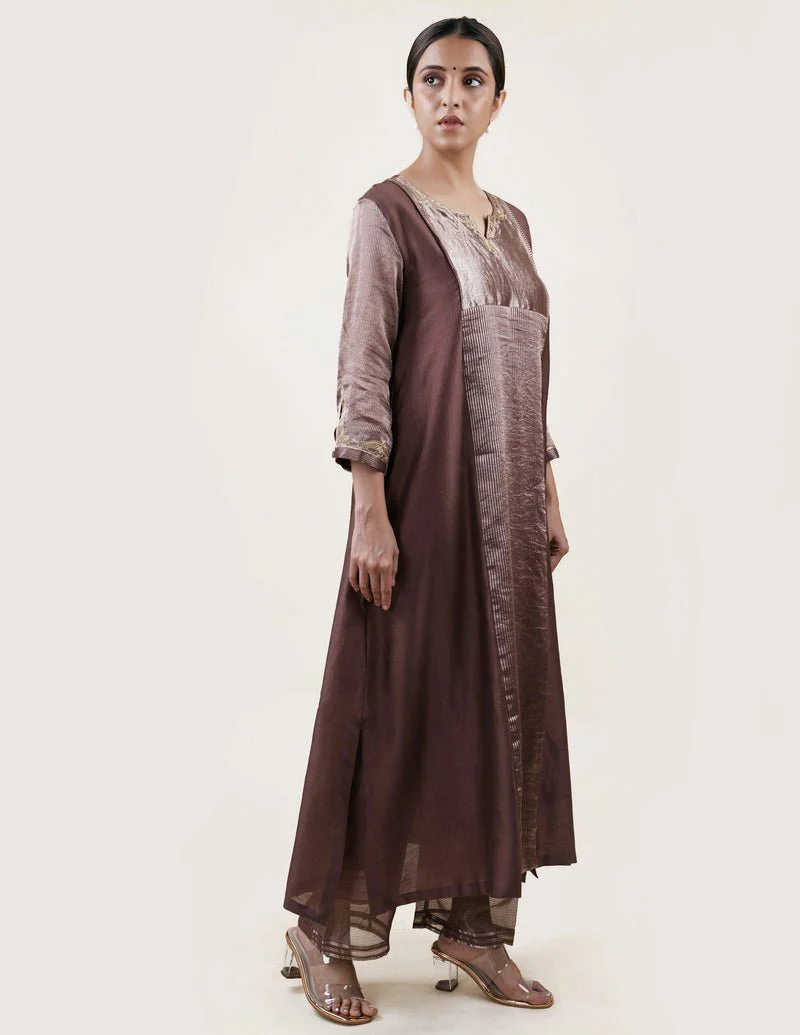 Brown Tissue Stripes/Chanderi Silk - A-line Kurta Set - Image 4