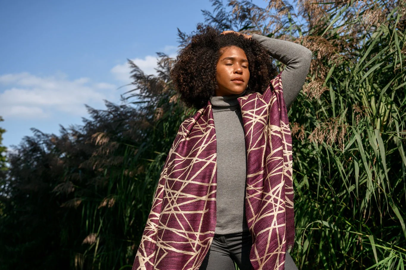 Burgundy Lattice Peace Silk Scarf - Image 3