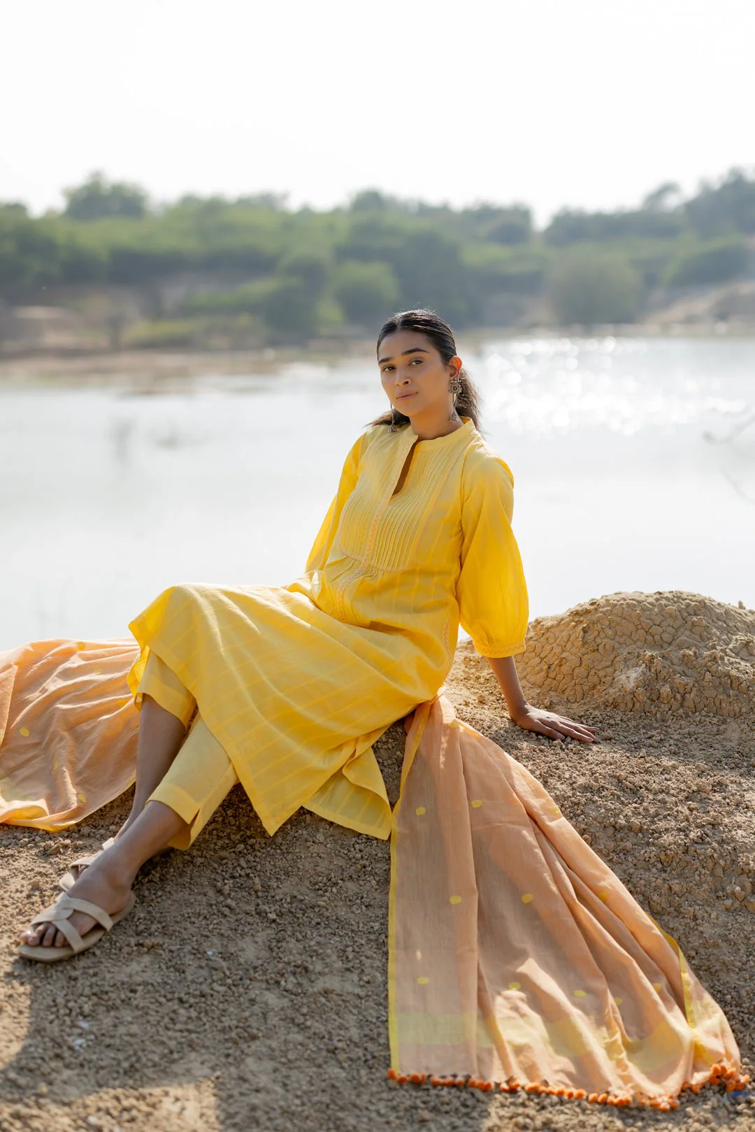 Butter Yellow Pintucks Kurta Set with Peach Jaamdani Dupatta - Image 5