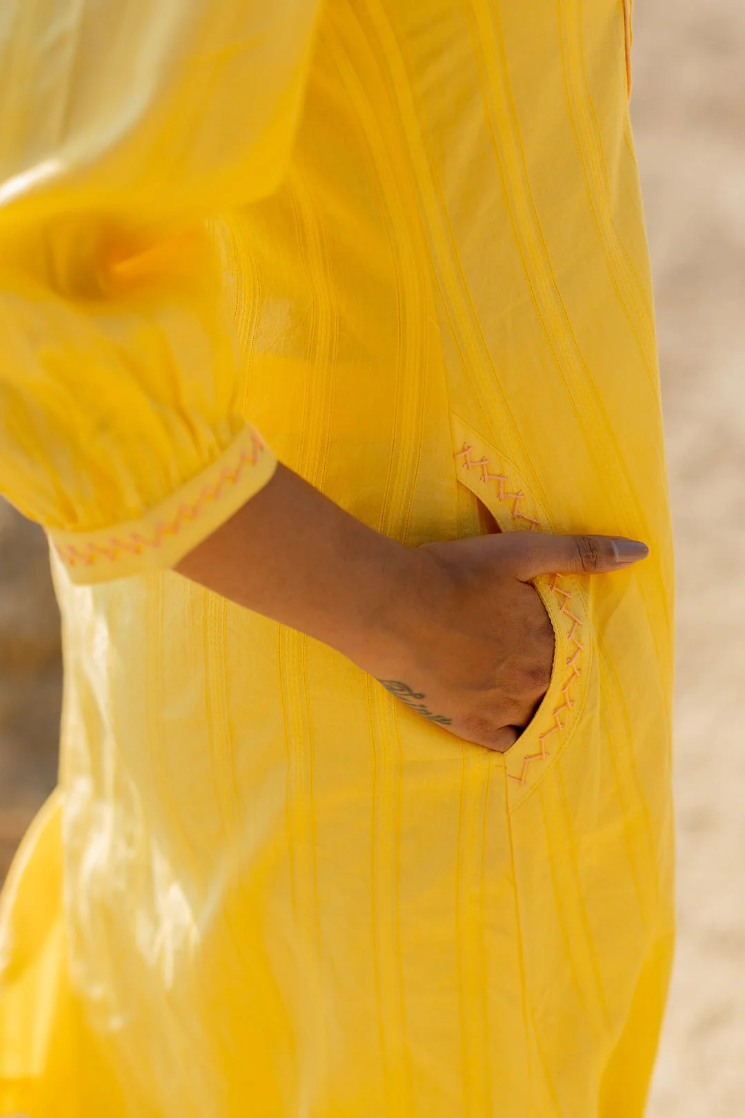 Butter Yellow Pintucks Kurta Set with Peach Jaamdani Dupatta - Image 6