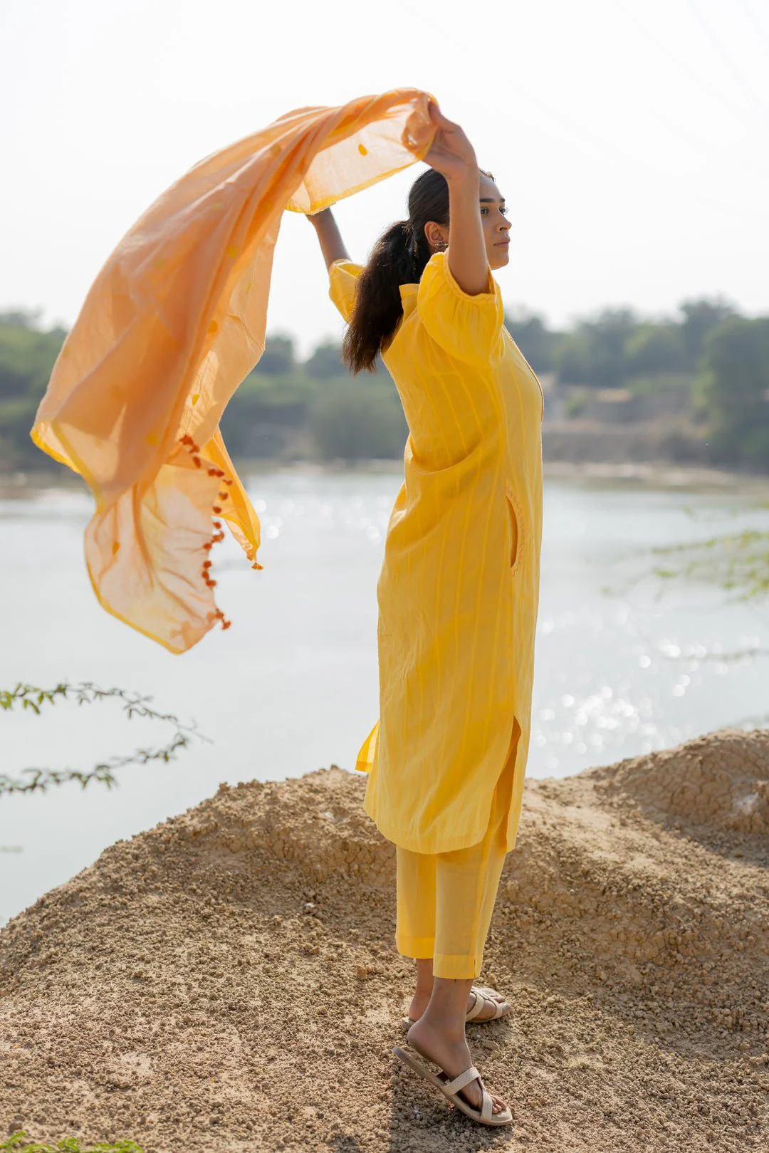 Butter Yellow Pintucks Kurta Set with Peach Jaamdani Dupatta - Image 7