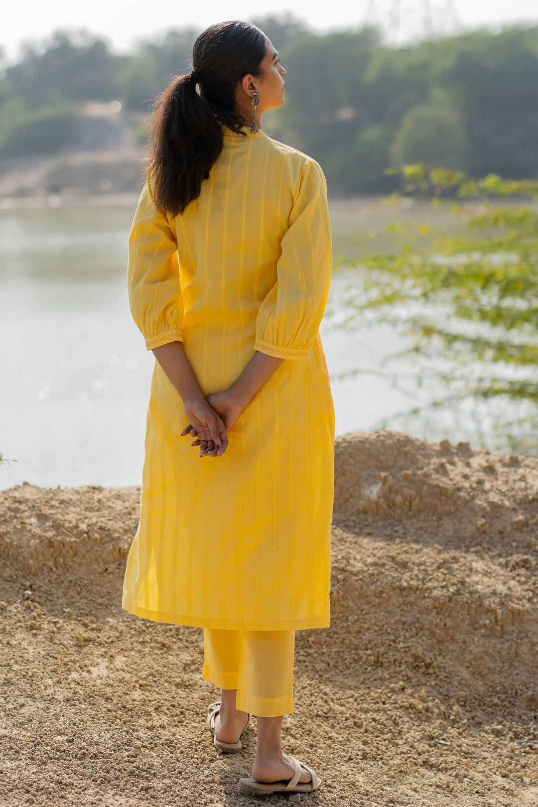 Butter Yellow Pintucks Kurta Set with Peach Jaamdani Dupatta - Image 8