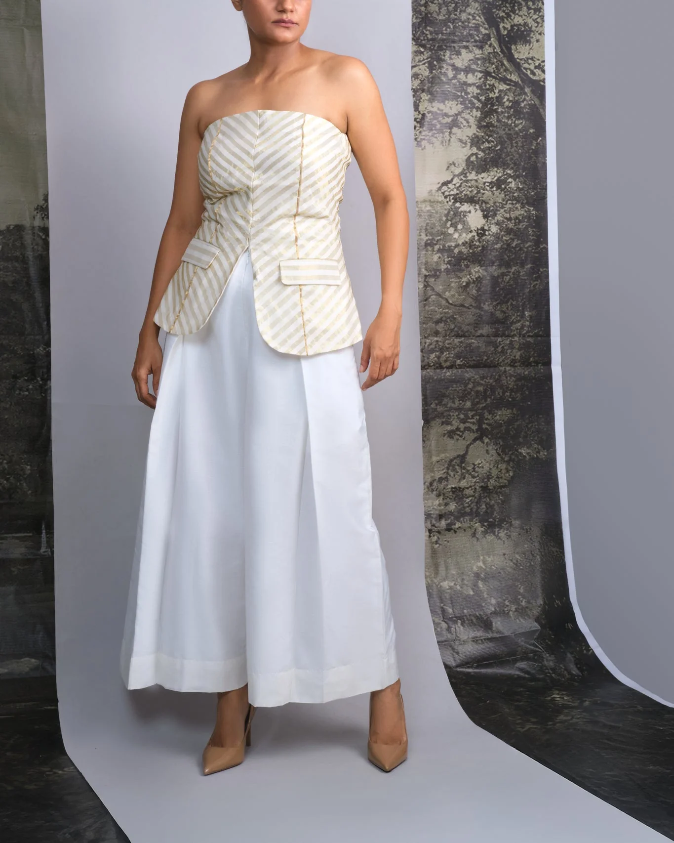 Chanderi Striped Tube and Silk Trousers Set
