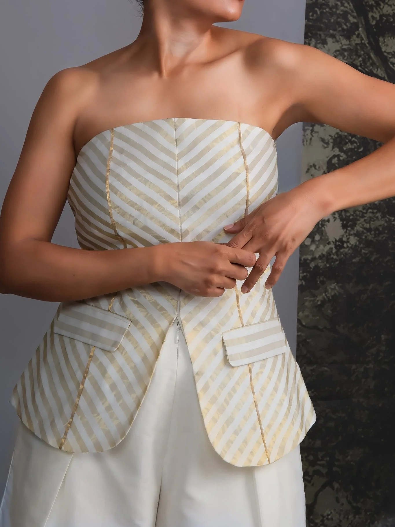 Chanderi Striped Tube and Silk Trousers Set - Image 2
