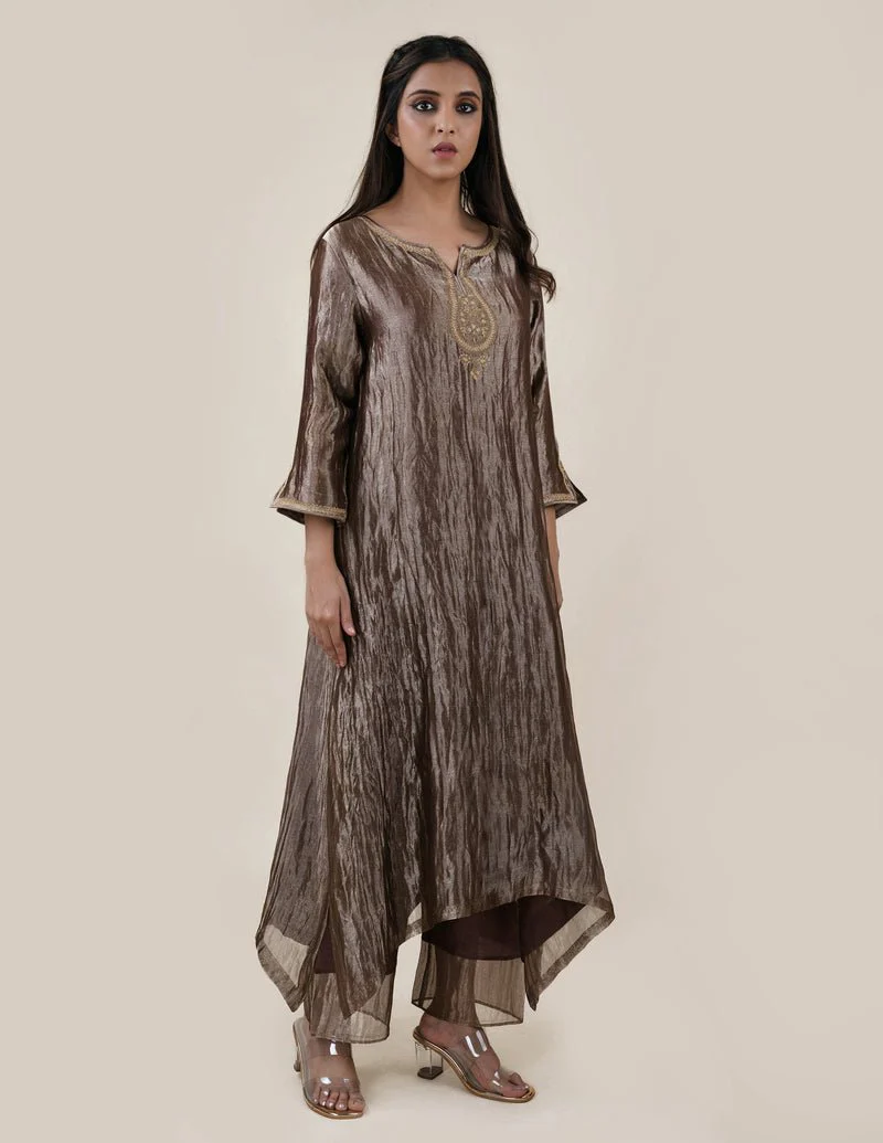 Chocolate Brown Tissue - A-line Kurta Set - Image 3