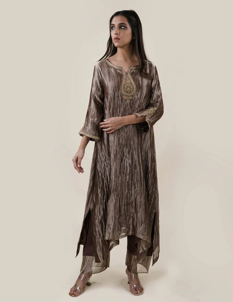 Chocolate Brown Tissue - A-line Kurta Set - Image 4