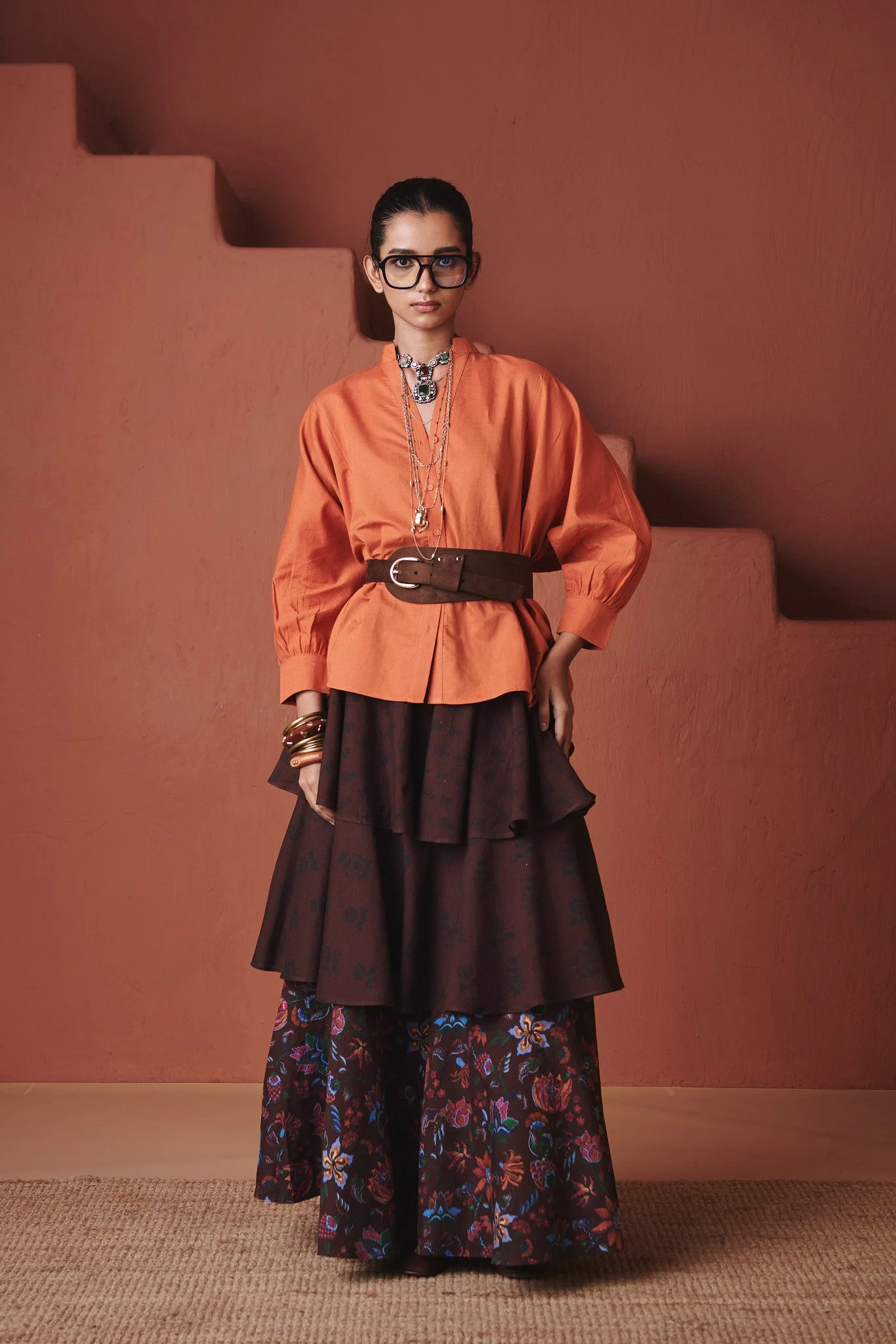 Coffee Chintz Co-Linen Tiered Skirt