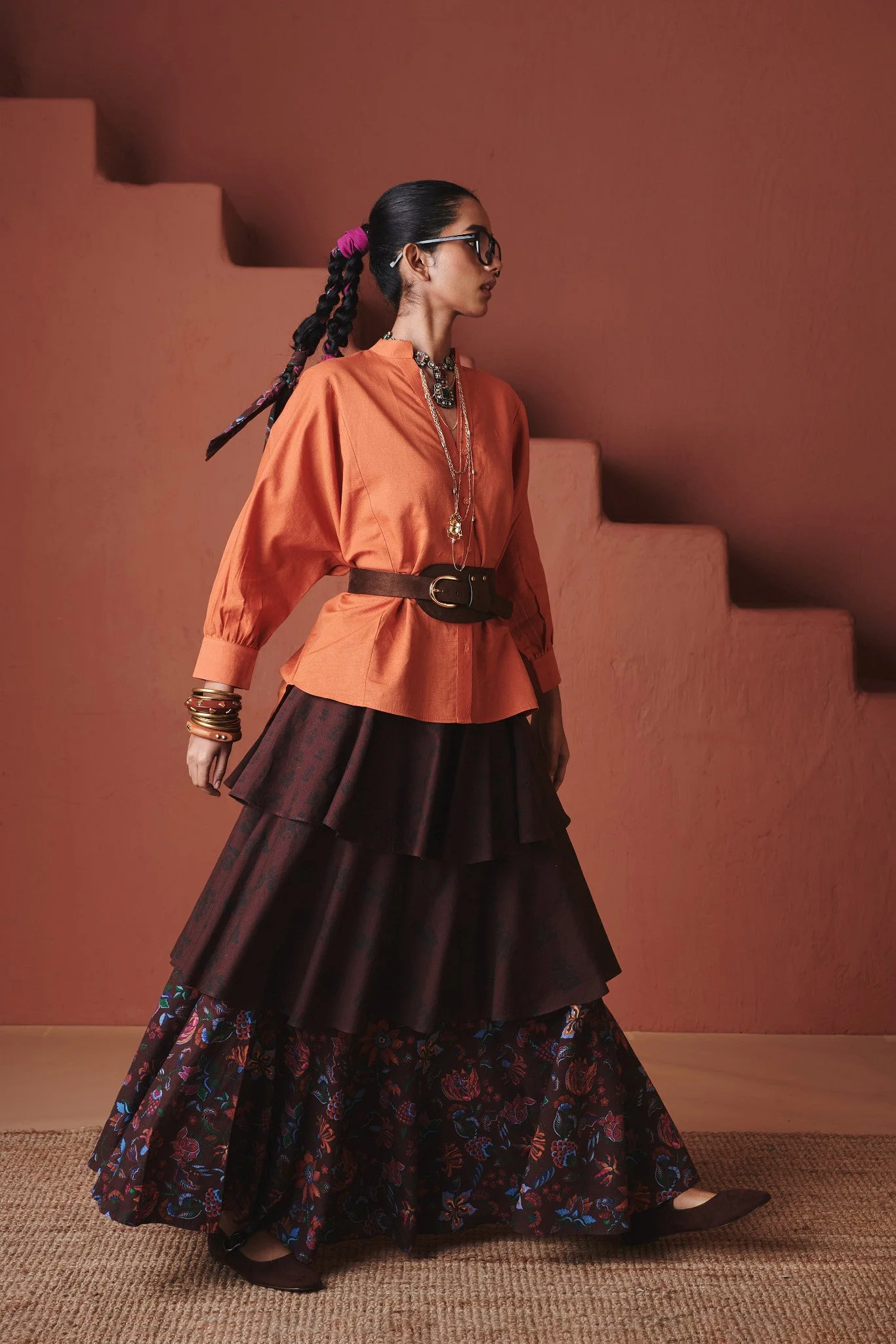 Coffee Chintz Co-Linen Tiered Skirt - Image 2