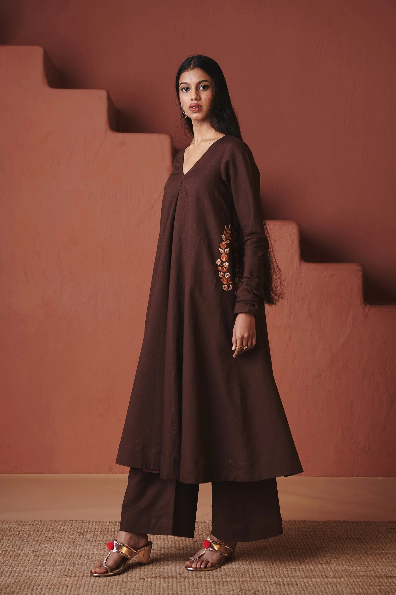 Coffee Co-Linen Embroidered Pocket Kurta Set - Image 4