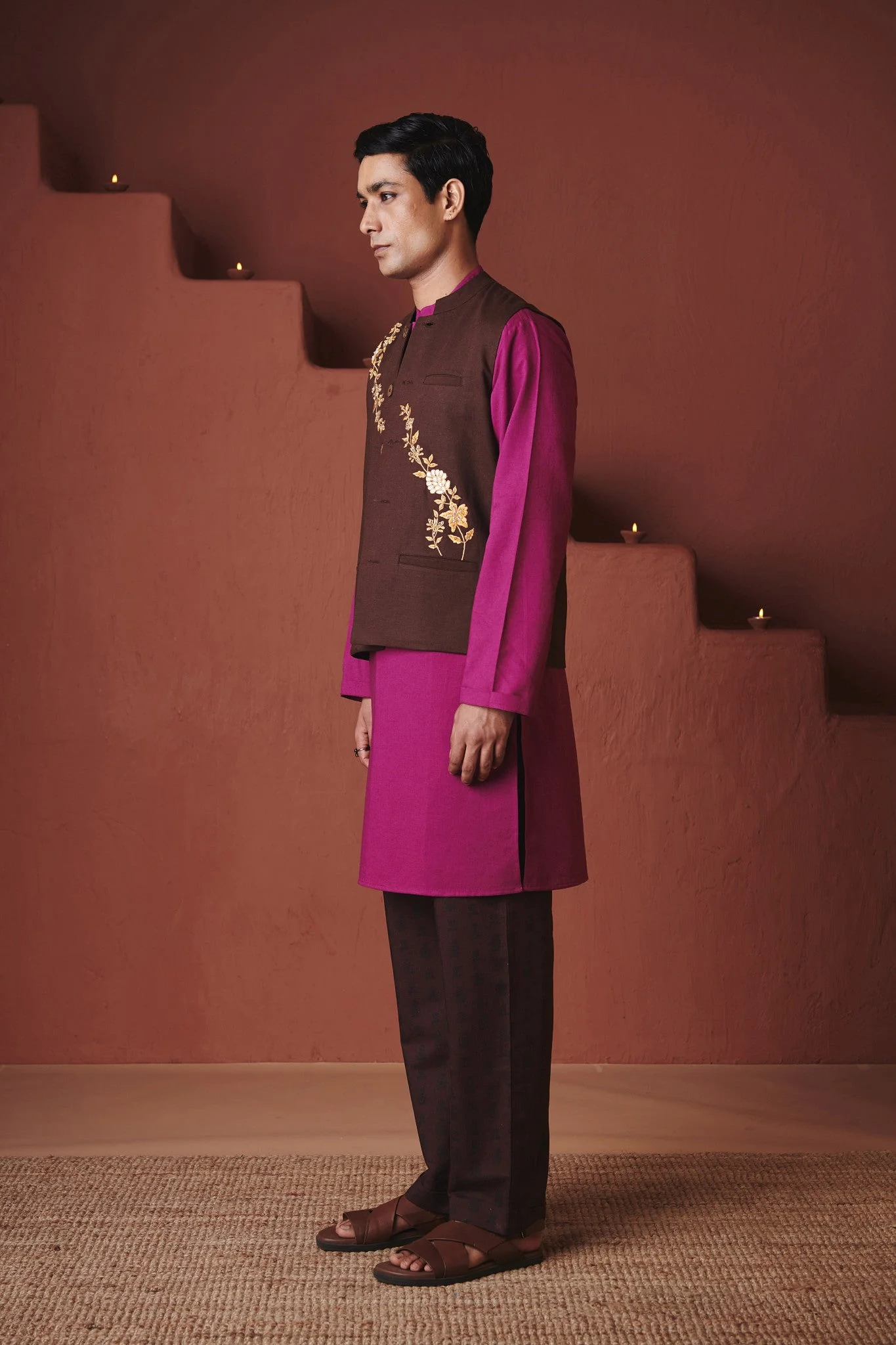 Coffee Co-Linen Men's Nehru Jacket - Image 4