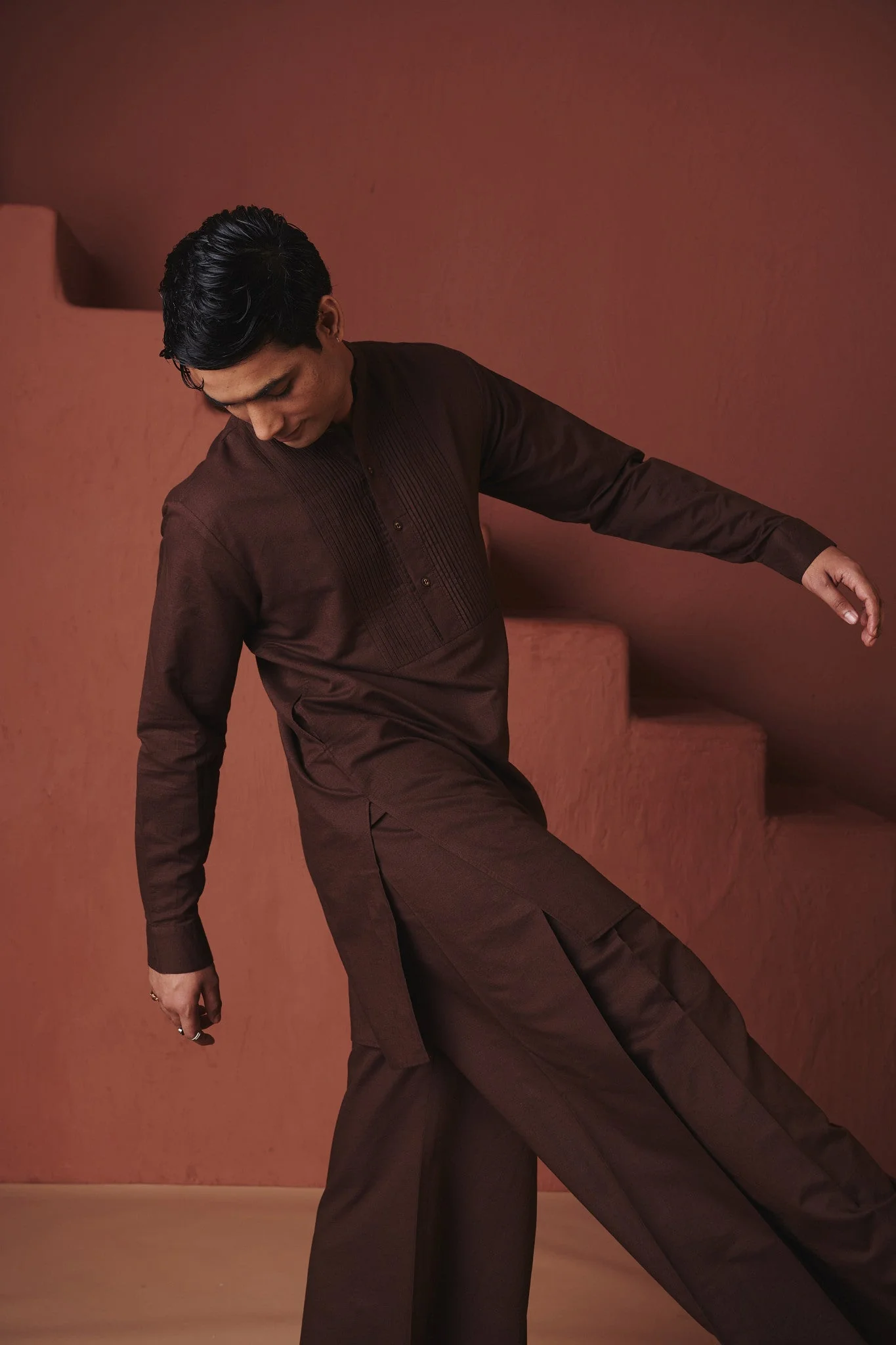 Coffee Co-Linen Men's Pleated Yoke Kurta Set - Image 2