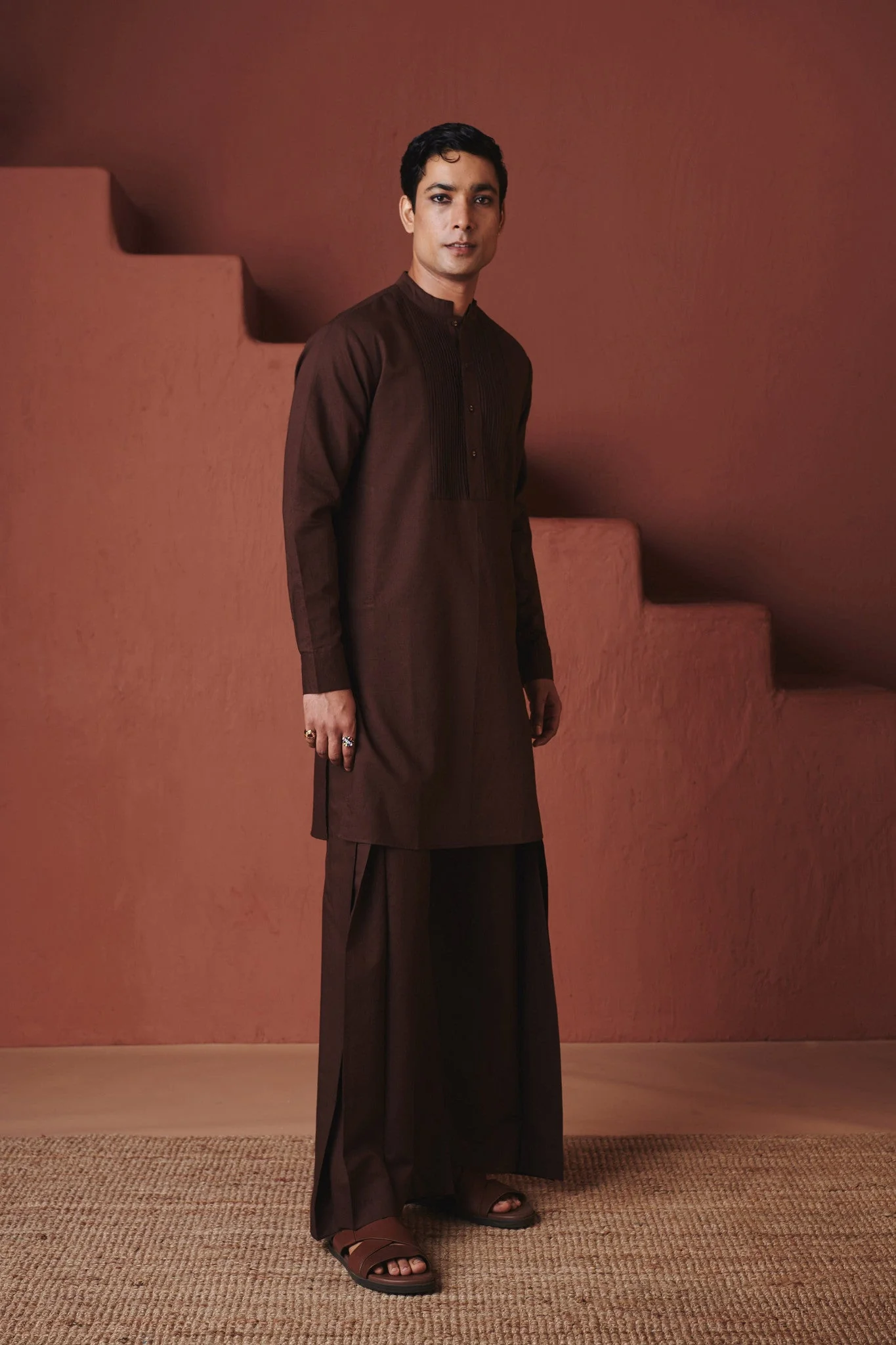 Coffee Co-Linen Men's Pleated Yoke Kurta Set - Image 3
