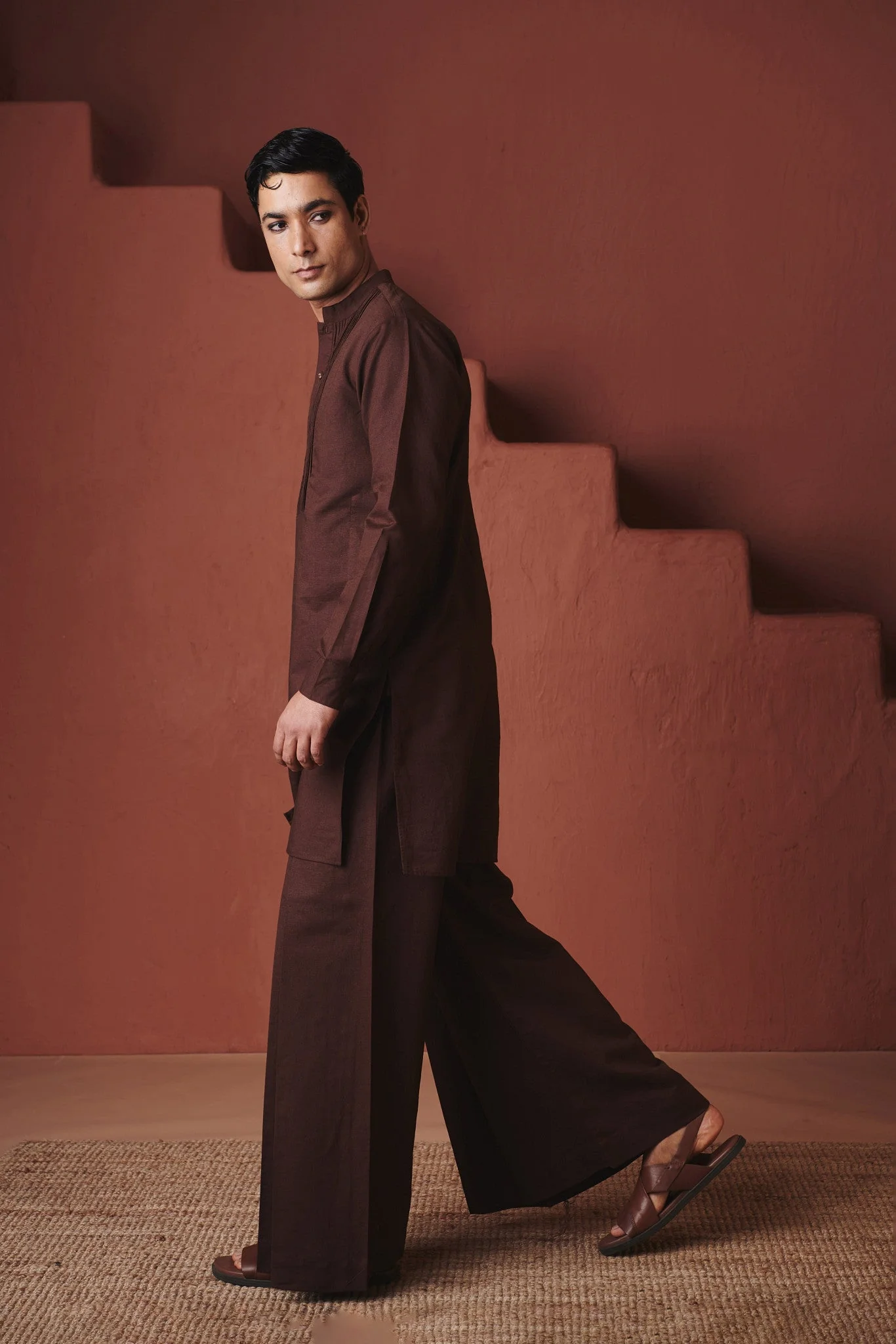 Coffee Co-Linen Men's Pleated Yoke Kurta Set - Image 4