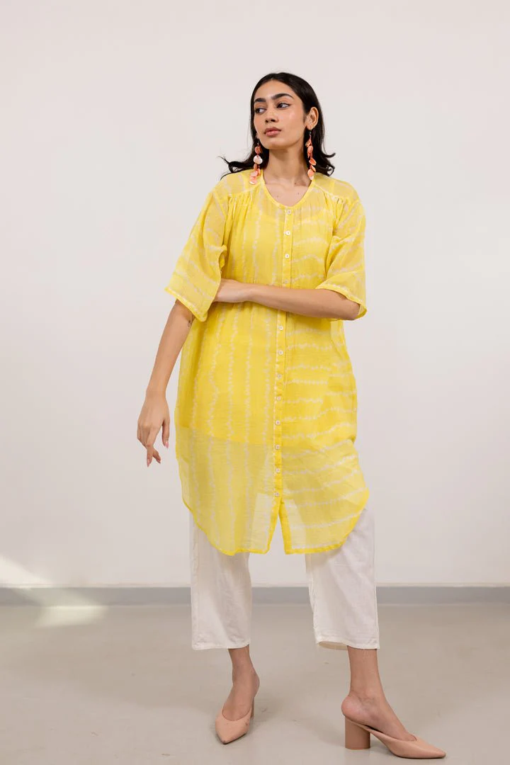 Corn Yellow Bandhej Tunic with White Pants - Image 6