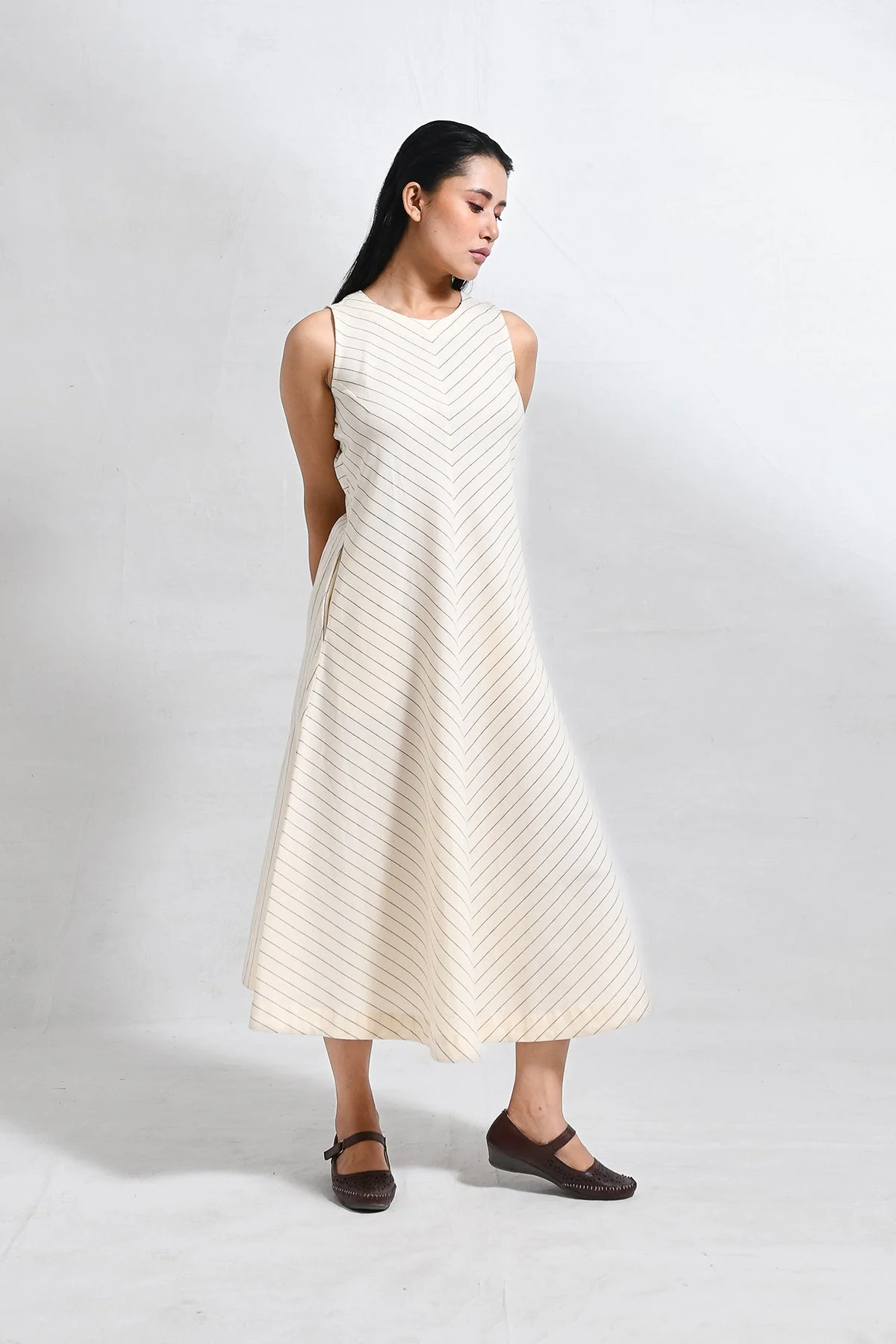 Cotton Striped Sleeveless A-line Dress with Back Patch - Image 3