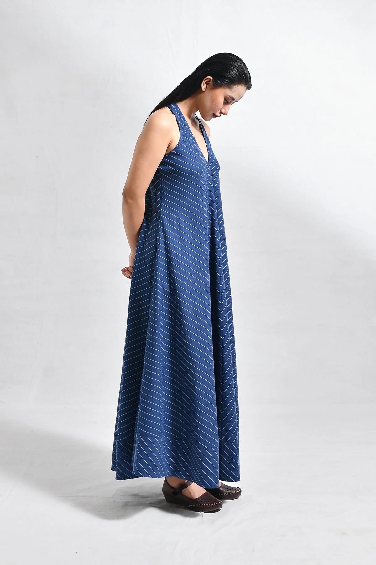 Cotton Stripes Back-Twist Dress - Navy Blue - Image 4