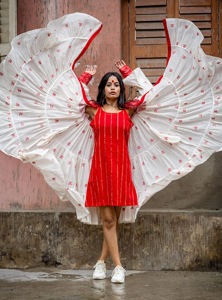 Debi - Jamdani Three Tier Flare Dress with Red Shift Dress - Image 4
